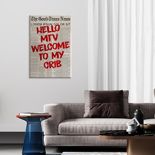 Miniatura 7 de BNGFDV Lienzo de periódico vintage en blanco y negro con texto en inglés Hello MTV, Welcome To My Cune, cuadros estéticos de moda con letra roja