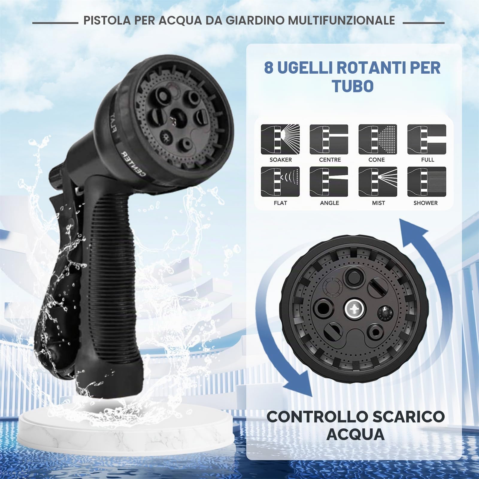 Tubo Estensibile da Giardino 60 Metri, Tubo Acqua Giardino per Irrigazione con Raccordi in Ottone da 1/2" e 3/4", Lattice a 3 Strati Resistente, Senza Pieghe, 8 Modalità di Spruzzo