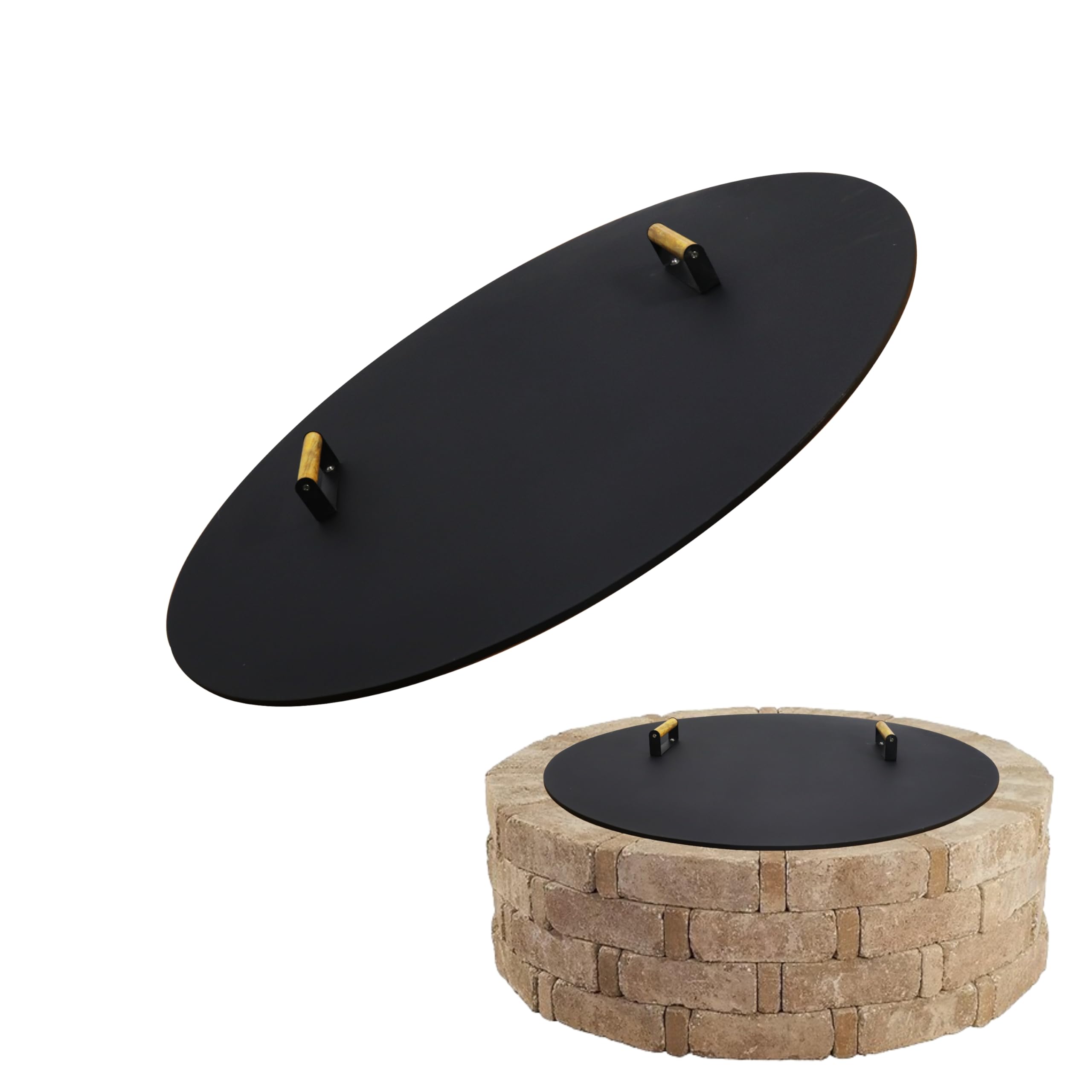 Round Fire Pit Lid - 38 inch fire Pit lid Metal W/Wooden Handles Fit for Bonfire Pits or Propane FirePit Fire Tables, Weather Resistant Outdoor