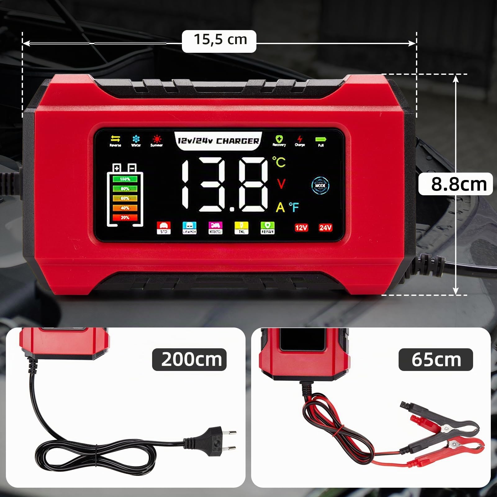 HAUSPROFI Chargeur Batterie Voiture & Moto 15A/8A 12V/24V – Mantenitore de Charge Intelligent & Réparateur Désulfatateur – Écran Tactile, Compatible AGM, Gel, LiFePO4, Start-Stop, Plomb