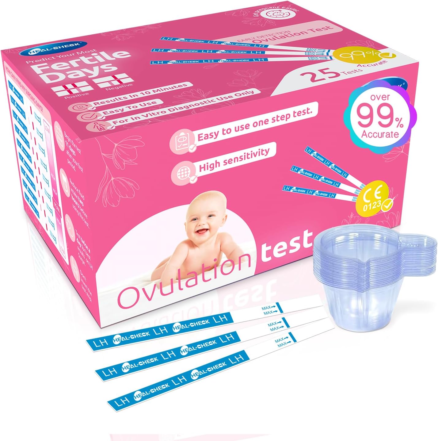 HEAL-CHECK Ovulation Test Strips, Accurate Fertility Test, FSA Eligible, 25 Ovulation Test with Urine Cup, Ovulation Predictor Kit, 5 mm LH Strip, Bulk OPK Test Strips f Women, Test de Ovulacion (25)