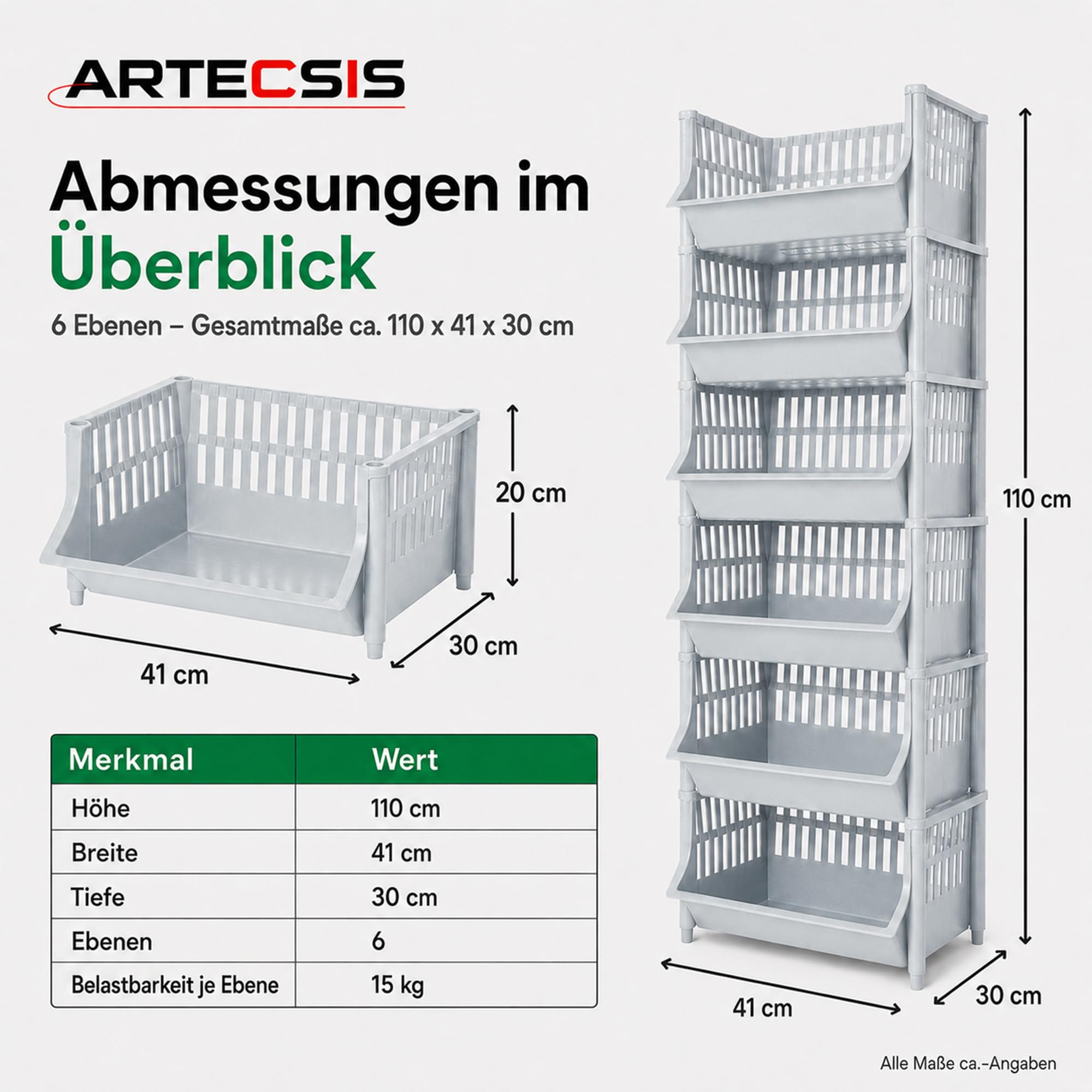 ARTECSIS Mensola per cestini in plastica, 6 livelli, 110 x 41 x 30 cm, grigio granito/stoccaggio modulare