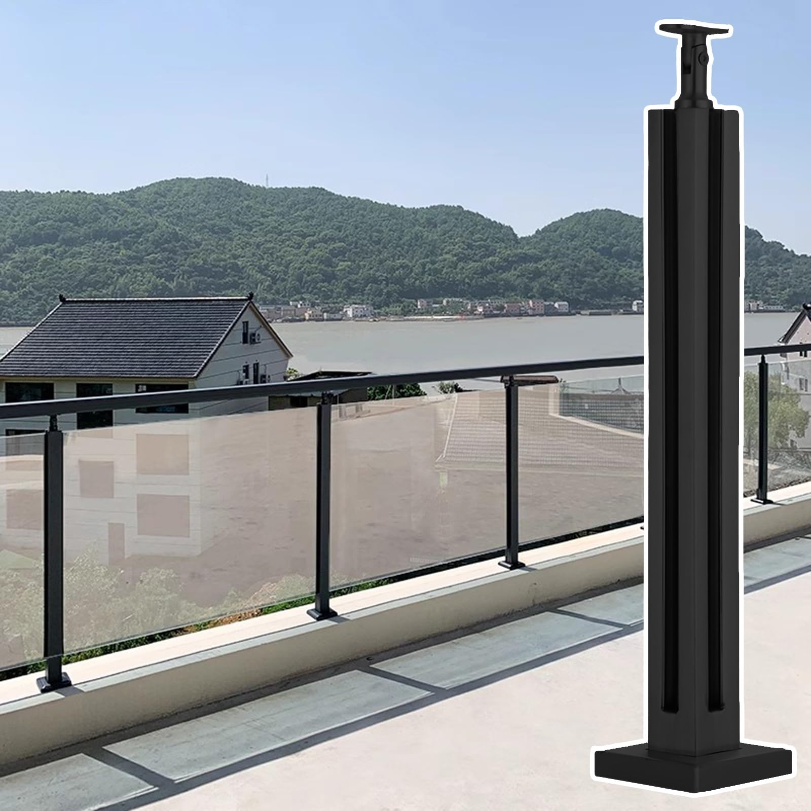 Poteau d'angle de balustrade noir extérieur et colonne de support pour plaque de verre
