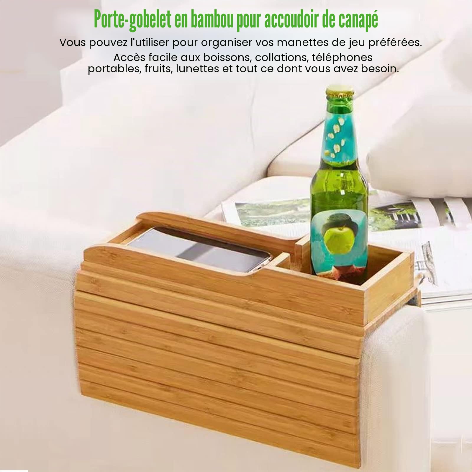 Plateau de canapé, plateau de canapé, plateau avec accoudoirs, en bois de bambou, antidérapant, table d'accoudoirs, porte-gobelet, marron clair Bois