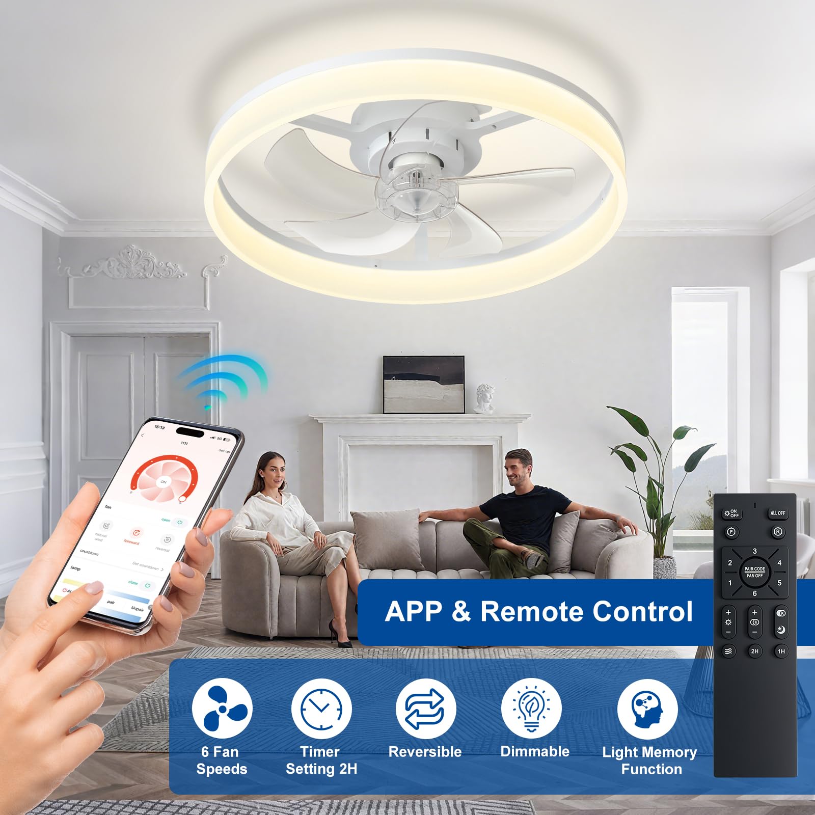 Depuley Ventilador de techo LED con luz: ventilador moderno de perfil bajo de 20" con mando a distancia para aplicaciones - Lámpara con ventilador blanco regulable sin aspas para dormitorio