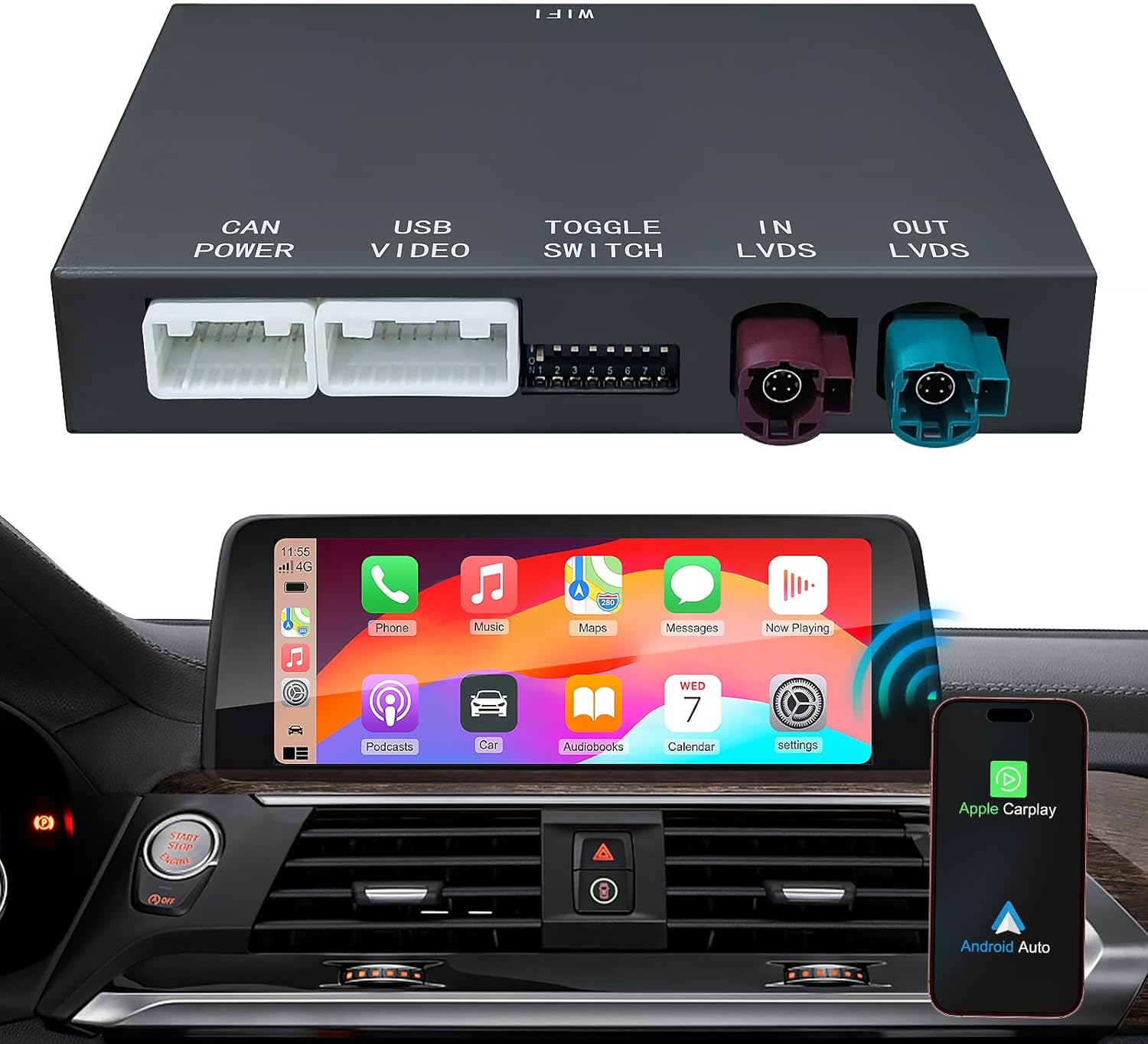 Geloo Wireless CarPlay Android Auto Retrofit Kit Decoder Box and BMW iDrive screen displaying CarPlay