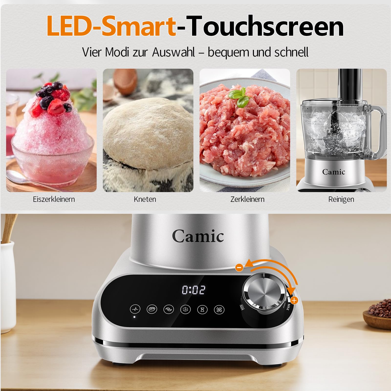 Camic Küchenmaschine 1500W Food Processor mit 2.5L Schüssel, mit 6 Programmen, Hacken, Schneiden, Mixen – Inkl. Zubehör, für die Küche zu Hause – Upgrade-Zubehör