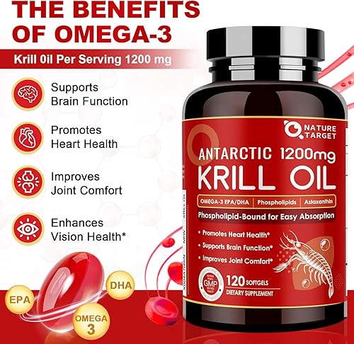 Miniatura 2 de NATURE TARGET Aceite de krill de 1200 mg con omega-3 EPA y DHA con astaxantina, fosfolípidos y colina, apoya el corazón, el cerebro, la salud, sin