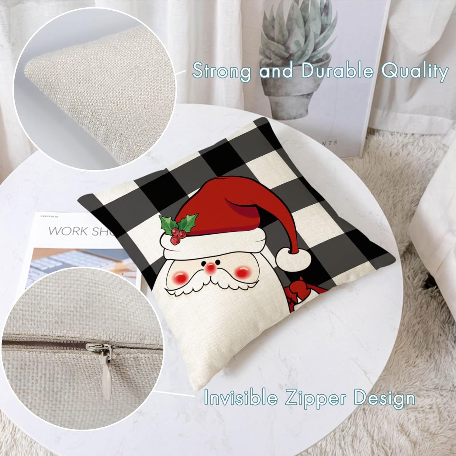 Set of 4 Merry Christmas Pillow Cases - 24x24 Inch Santa Snowman Throw Pillow Covers - Red Xmas Holiday Couch Sofa Cushion Covers for Christmas