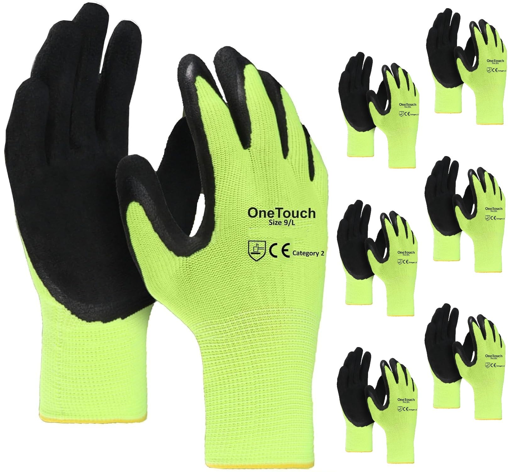 A406 12 Pairs Latex Foam Coated Work Gloves – High Visibility Grip Safety Gloves for Construction, Warehouse, Gardening & Builders – Breathable Grip Gloves for Wet & Dry Work (Medium/8 (Yellow))