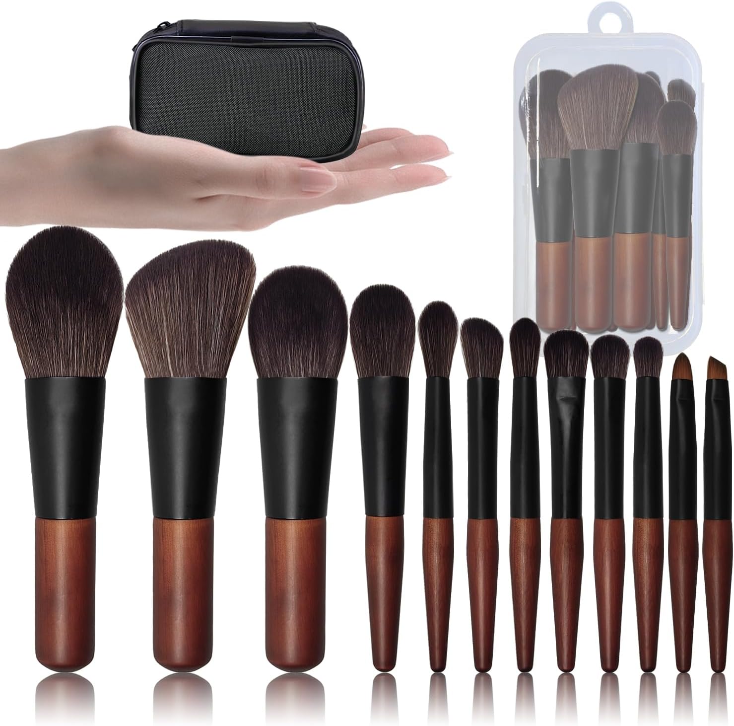 Borstelset make-up, mini-kwastenset perfect voor op reis, 12 cosmetische borstels incl. make-up borstel opslag, reis-make-up kwastenset, veganistisch, houten handvat met zachte borstelharen