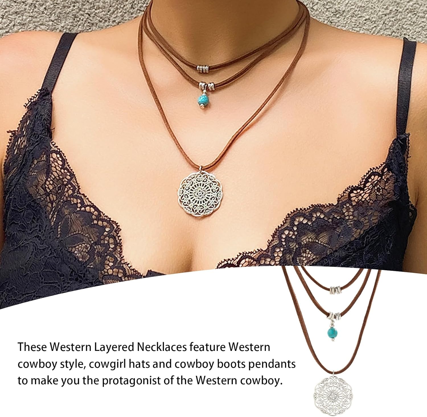 Boho Layered Necklaces for Women Western Turquoise Necklace for Women Leather Necklace for Women Western Layered Necklaces Gift for Women - Image 6