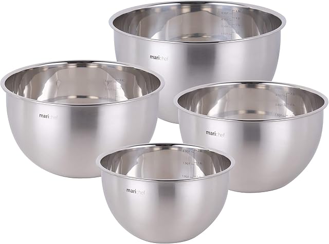Mari Chef Mixing Bowl Set - 4-Piece Premium Quality Stainless Steel Bowls for Measuring, Prepping, Cooking, Baking and Serving - Space-Saving Stackable Containers for Salad, Pasta, Fruit and Dough
