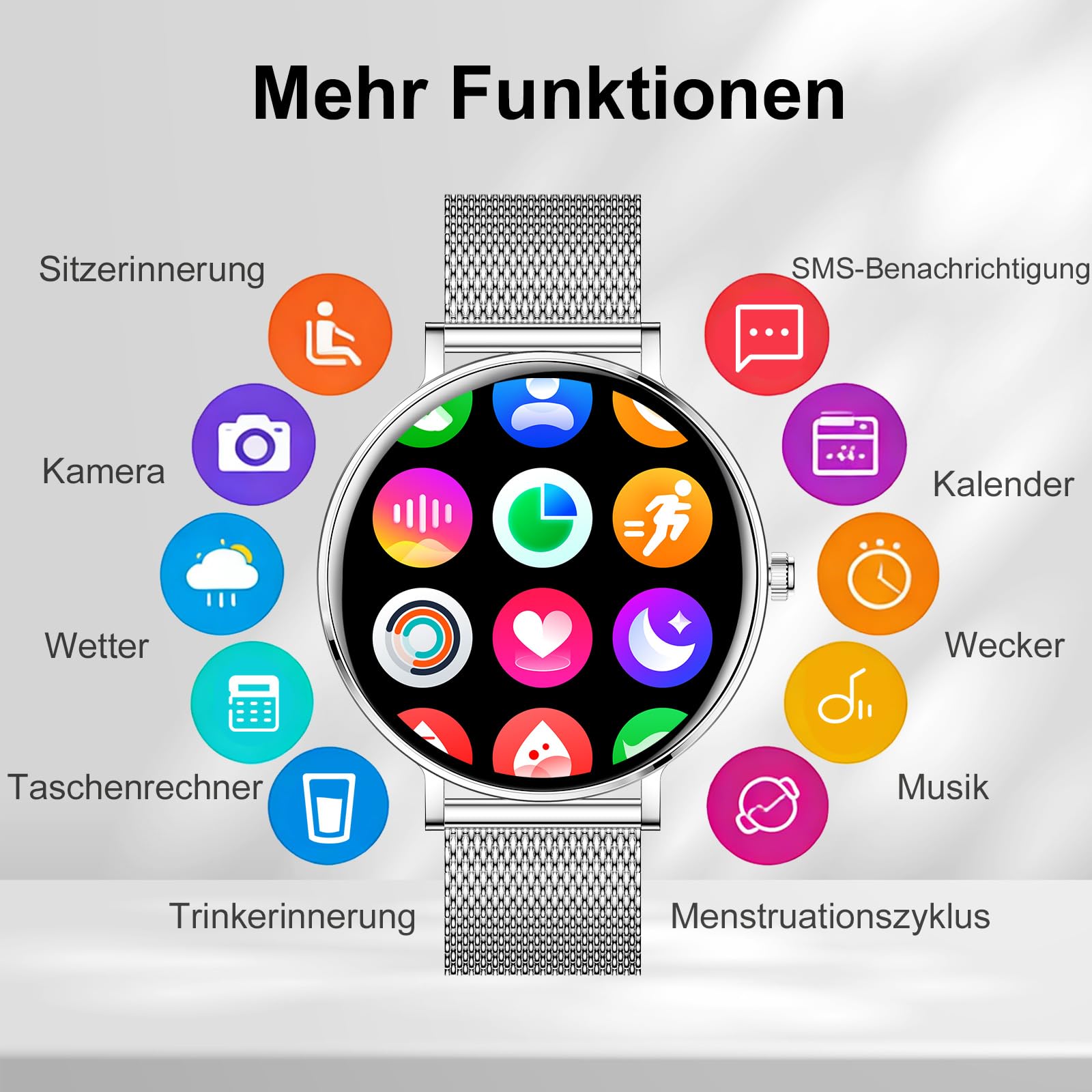Smartwatch Damen MäNner Unisex 2026 Langanhaltende Akkulaufzeit 1,32 AMOLED Hd Rund UltradüNn Und Elegant Klein Wasserdicht App-Benachrichtigungen Sport Fitness Bluetooth-Anrufe Android Ios (Silber)