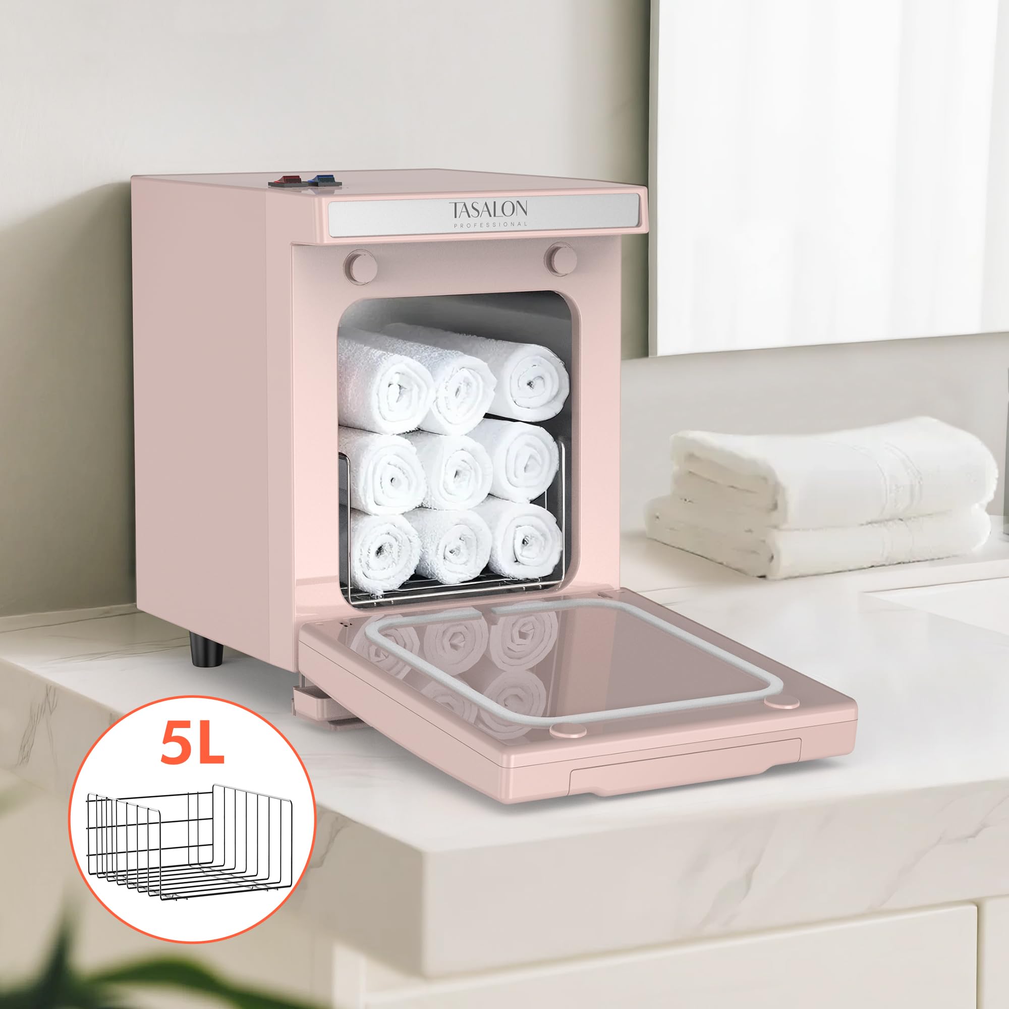 TASALON Calentador de toallas de 5 litros, cámara interior de aluminio, bandeja extraíble, calentamiento rápido para belleza, spa, salón de masaje, color rosa