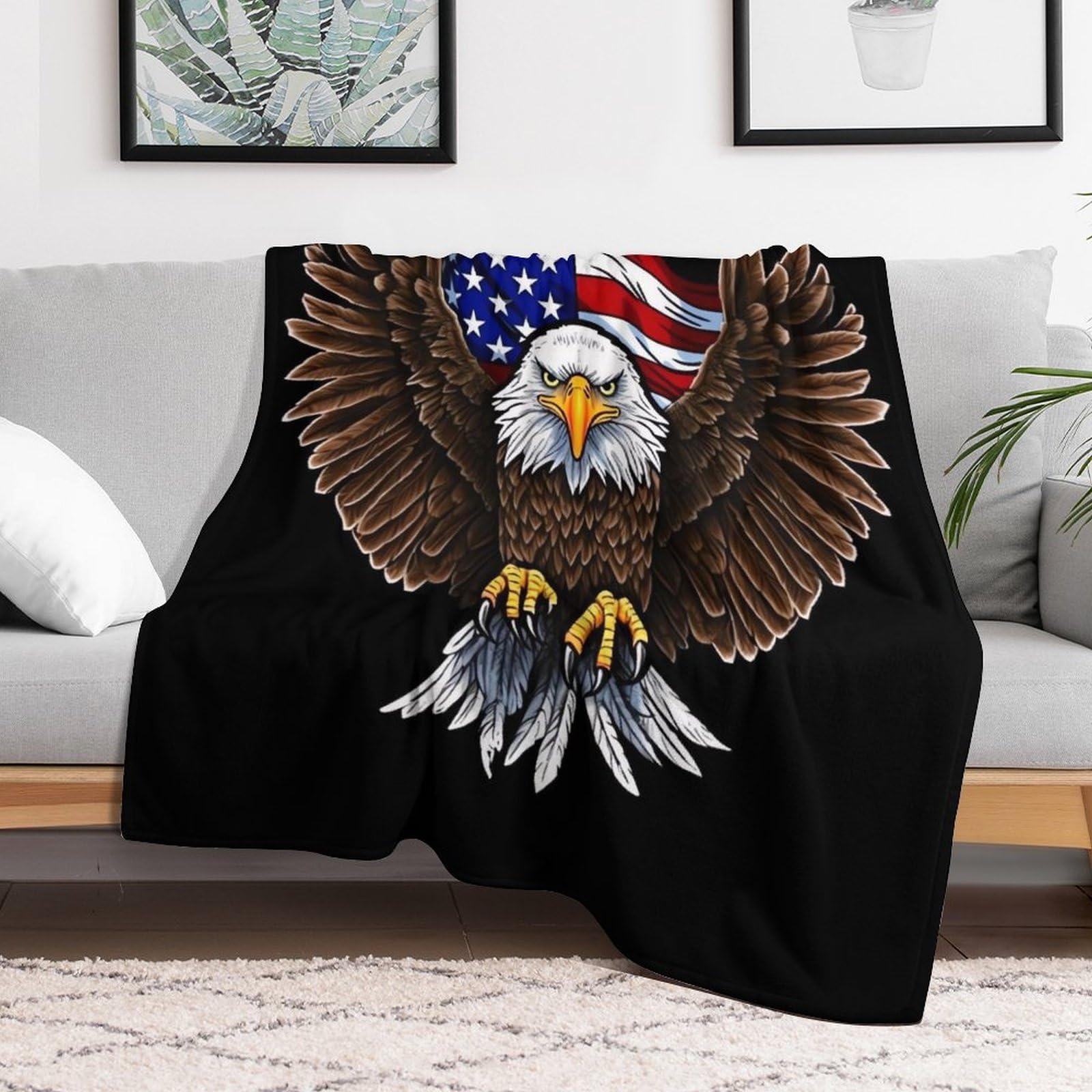 Custom USA Flag Patriotic Eagle Blanket Lightweight Flannel Fleece Throw for Couch Sofa Bed Luxury Soft Cozy Plush Lap Bedtime Blanket for All Seasons Bedroom Home Decor Gifts 60x80