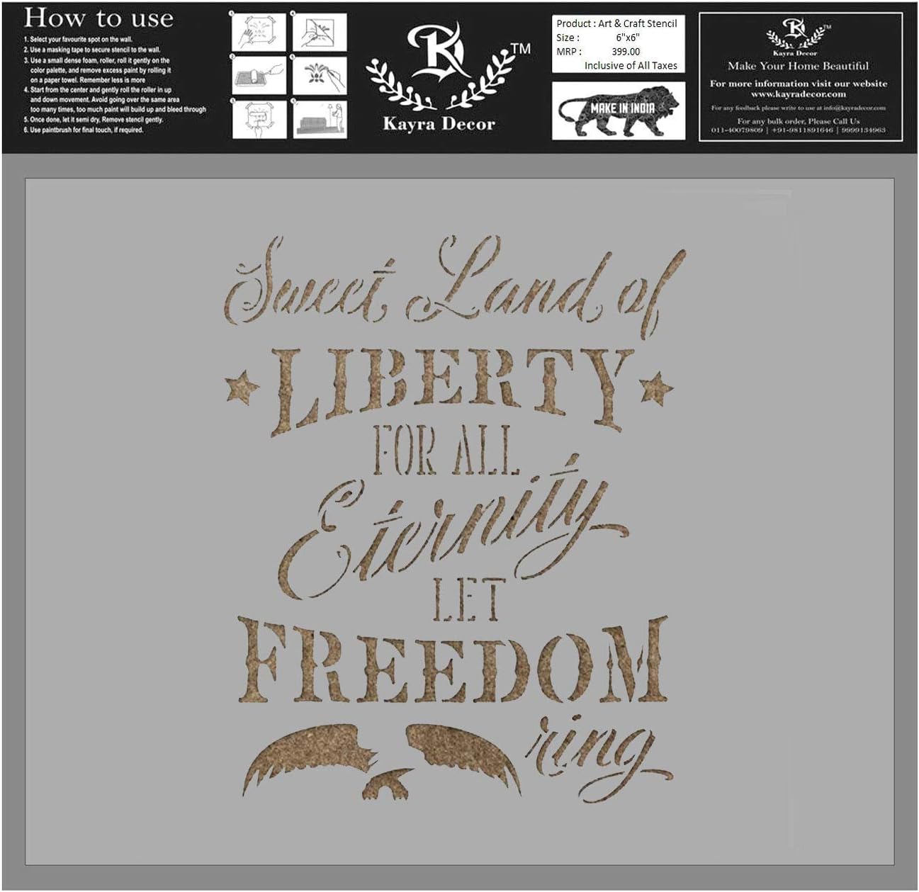 Kayra Decor Reusable Sweet Land of Liberty Independence Stencil for Art and Craft,Walls,Floor,Painting Canvas Art,T-Shirt, Cookie & Cake Decoration,Drawing Stencils for Kids, 6"x 6" (Pack of 1)