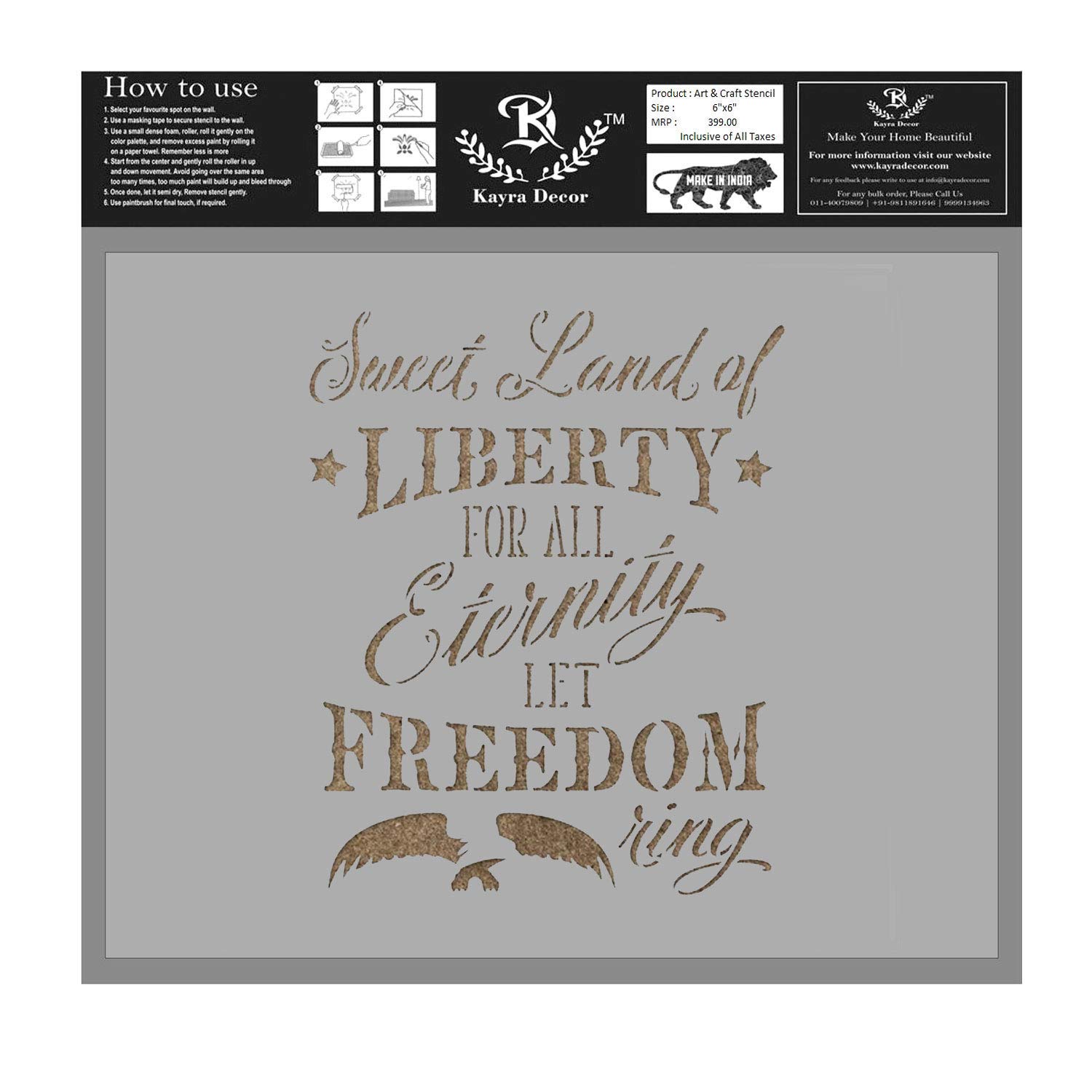 Kayra Decor Reusable Sweet Land of Liberty Independence Stencil for Art and Craft,Walls,Floor,Painting Canvas Art,T-Shirt, Cookie & Cake Decoration,Drawing Stencils for Kids, 6"x 6" (Pack of 1)