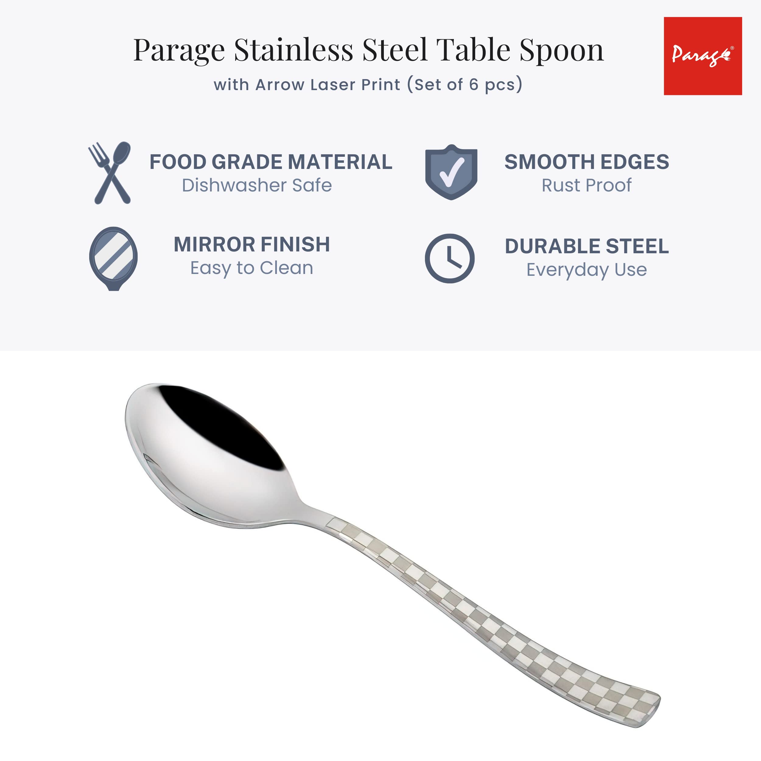 Parage 6 Pieces Stainless Steel Premium Dinner Spoons, Spoon Set, Silver, Checks Design, 18.5 cm — Amazon image 5