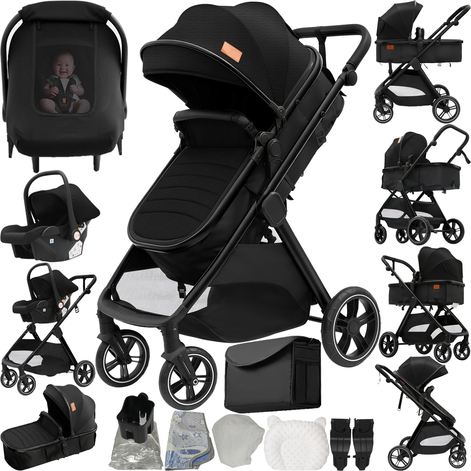 Passeggino Trio 3 in 1 Pieghevole in Un Clic con Telaio in Lega di Alluminio V10 Black