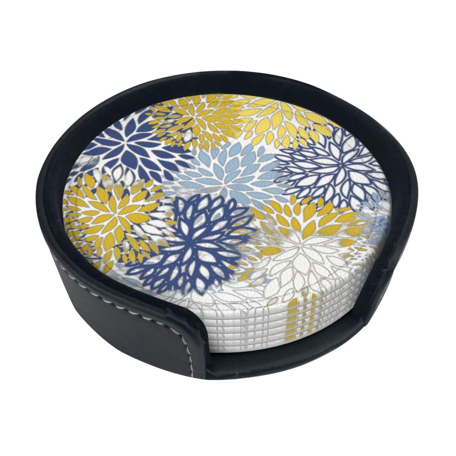 Colored Flowers Print Round Coasters Set Of 6,Coaster For Tabletop Protection Home Bar Decor