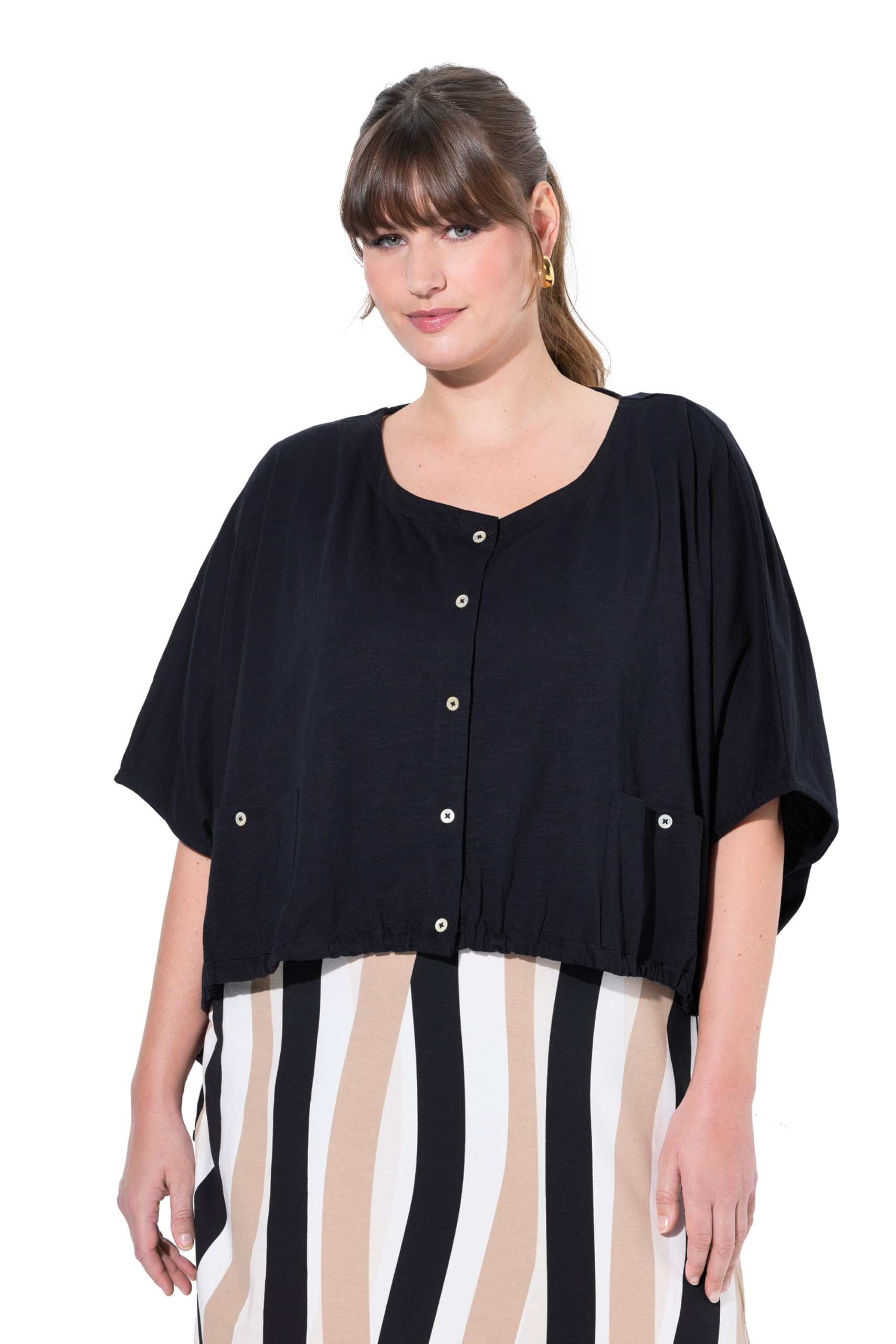 Ulla Popken Damen große Größen Übergrößen Plus Size Shirt, Saumband, Rundhals, Halbarm, Biobaumwolle 830031