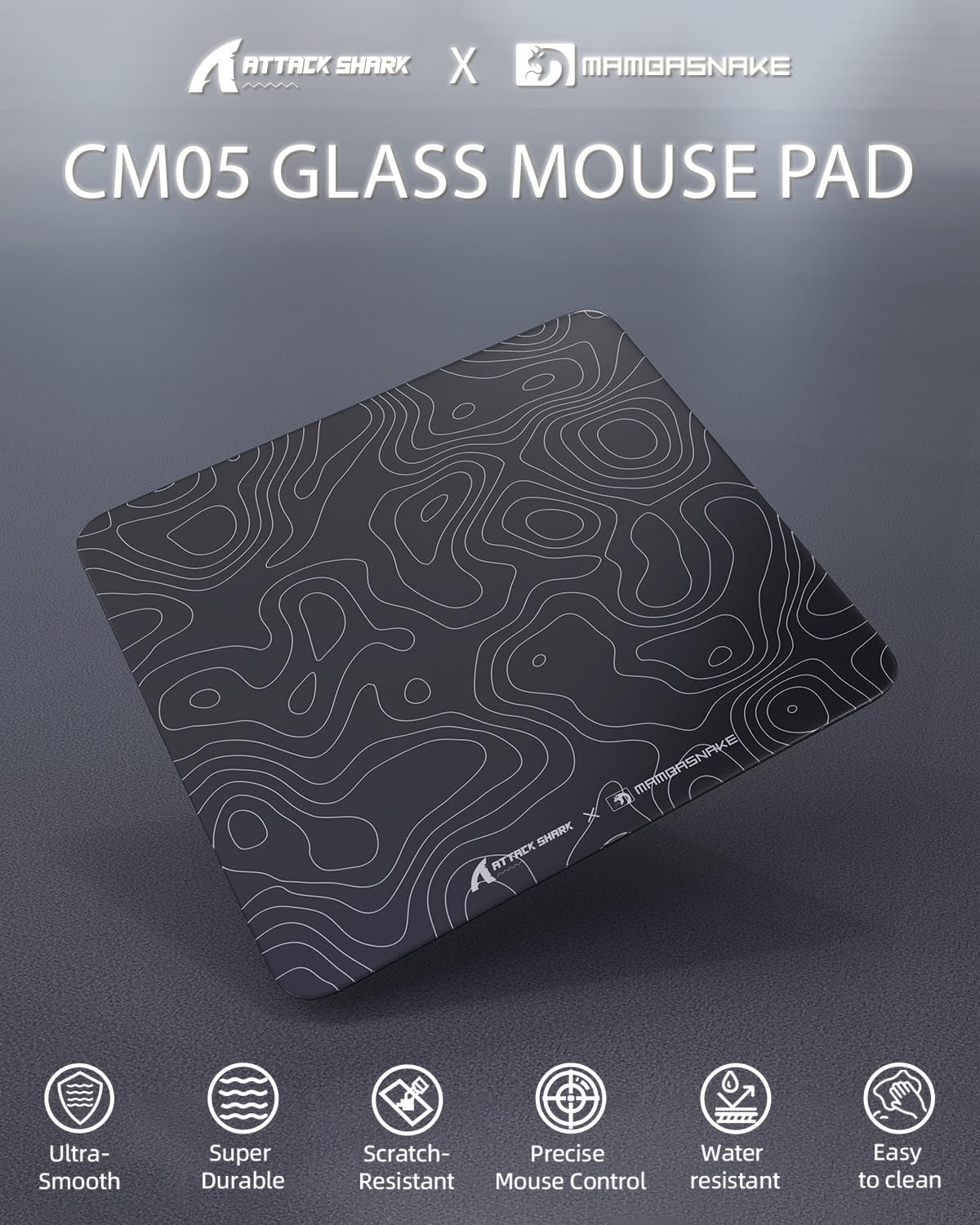 MAMBASNAKE x ATTACK SHARK CM05 Contour Glass Hard Gaming Mousepad,Nano-Micro-Etched Texture,Smooth Glass Surface,High Accuracy,Fast-Moving,Anti-Scratch, PU Leather Non-Slip Base, Large Size(450×400mm)