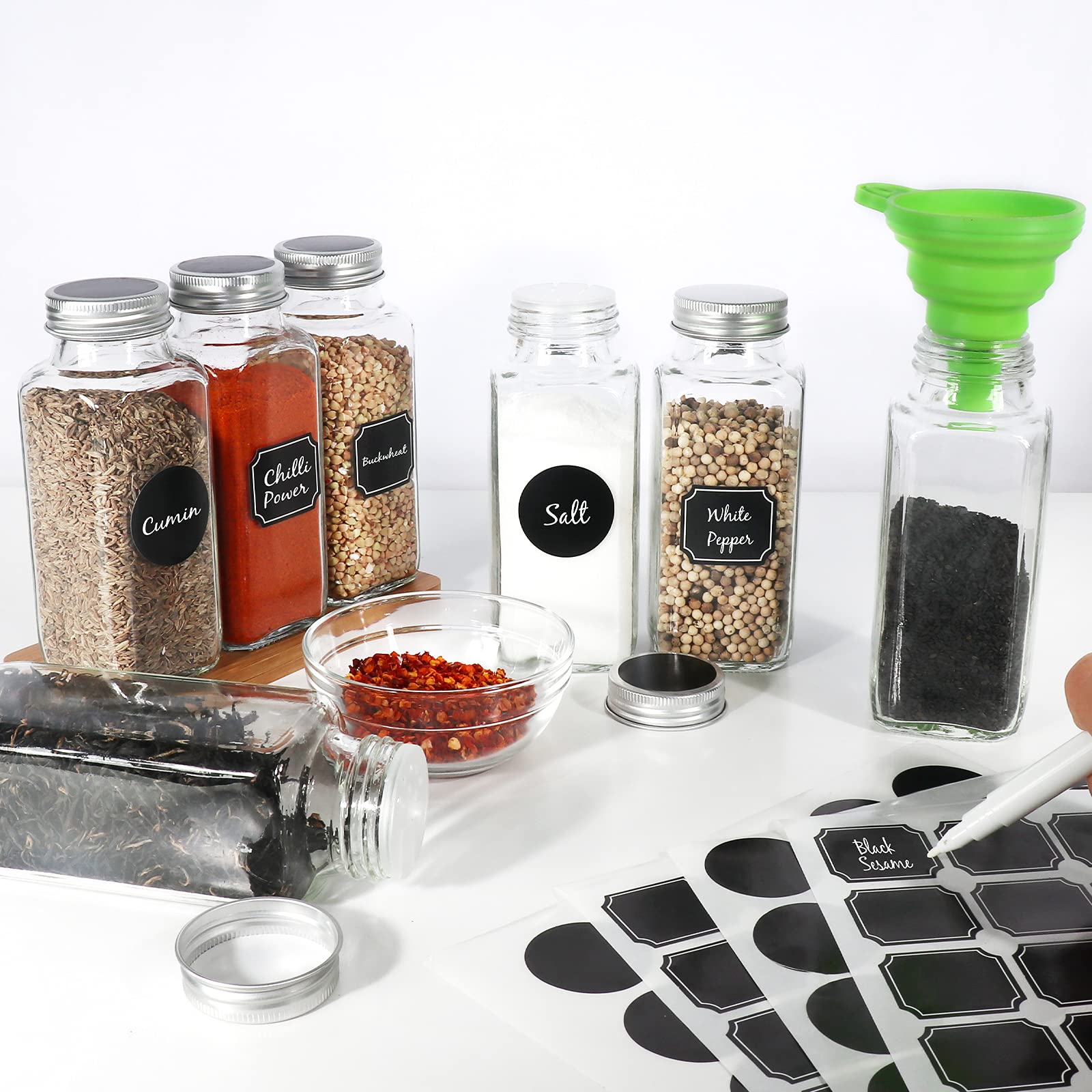 CycleMore 15 Pack 8oz Glass Spice Jars Bottles, Square Spice Containers