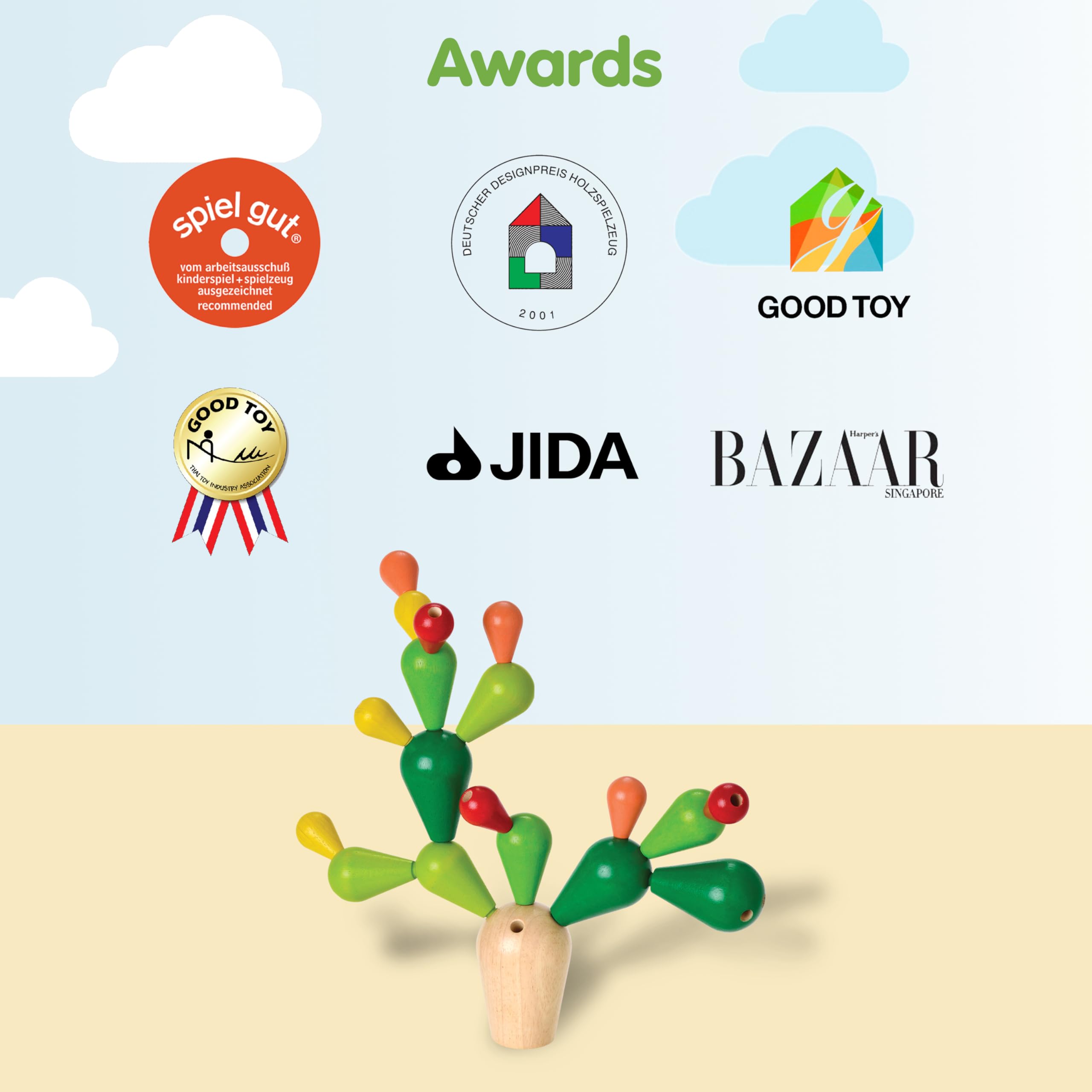 PlanToys Cactus Équilibrant - Jouet de Motricité Coloré en Bois 3+ Ans - Jeu de Construction pour 1 à 4 Joueurs avec Socle et 18 Branches, Wood