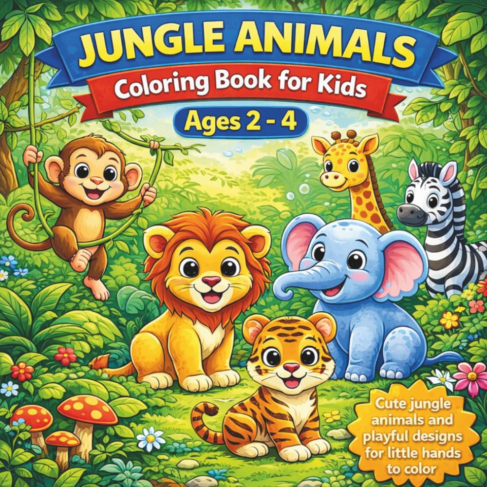 Jungle Animals Coloring Book for Kids Ages 2-4: Simple and Easy Animal Coloring Pages for Preschool Kids | Big Bold Designs for Little Hands | 8.5 x 8.5 Beginner Coloring Book