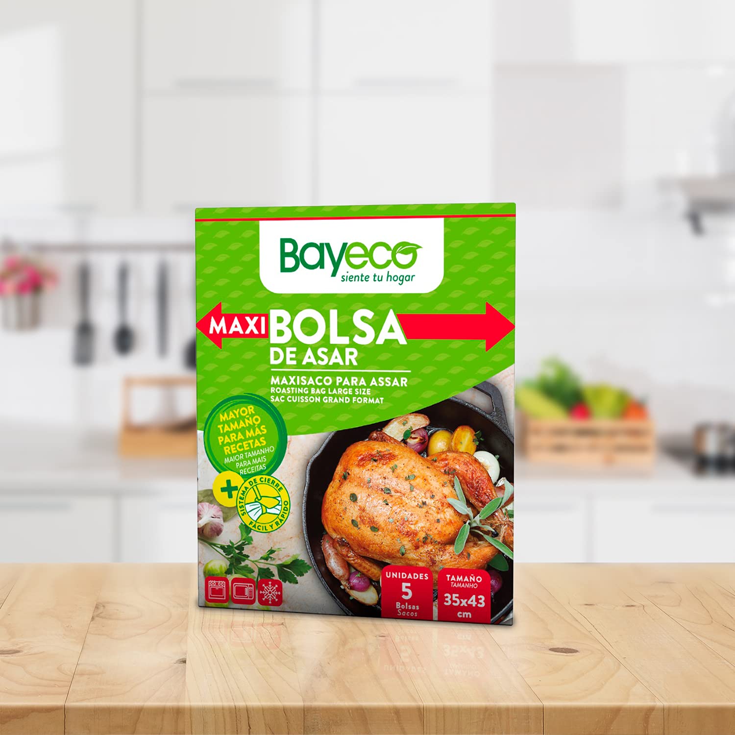 Bayeco - Maxibolsa de Asar - Sistema de cierre fácil y rápido - Compatible con Horno, Microondas y Congelador - Color transparente - Tamaño 35 x 43 cm - Pack 5 unidades
