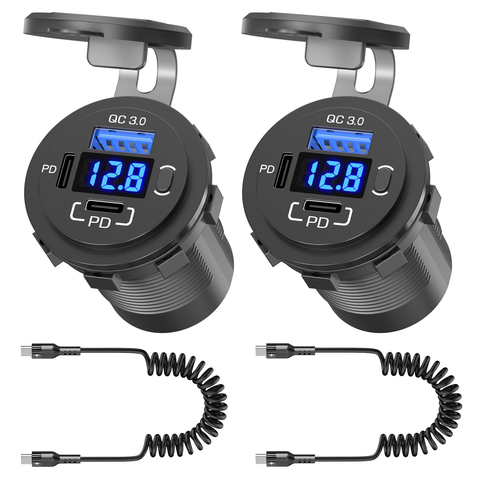 96W USB 12V Outlet 3 Port (with 2 Type c Cable): Multi USB C Car Charger Adapter Dual PD30W & QC3.0 Auto Cigarette Lighter Socket 12 Volt with Voltmeter Power Switch for Marine RV Boat Motorcycle ATV