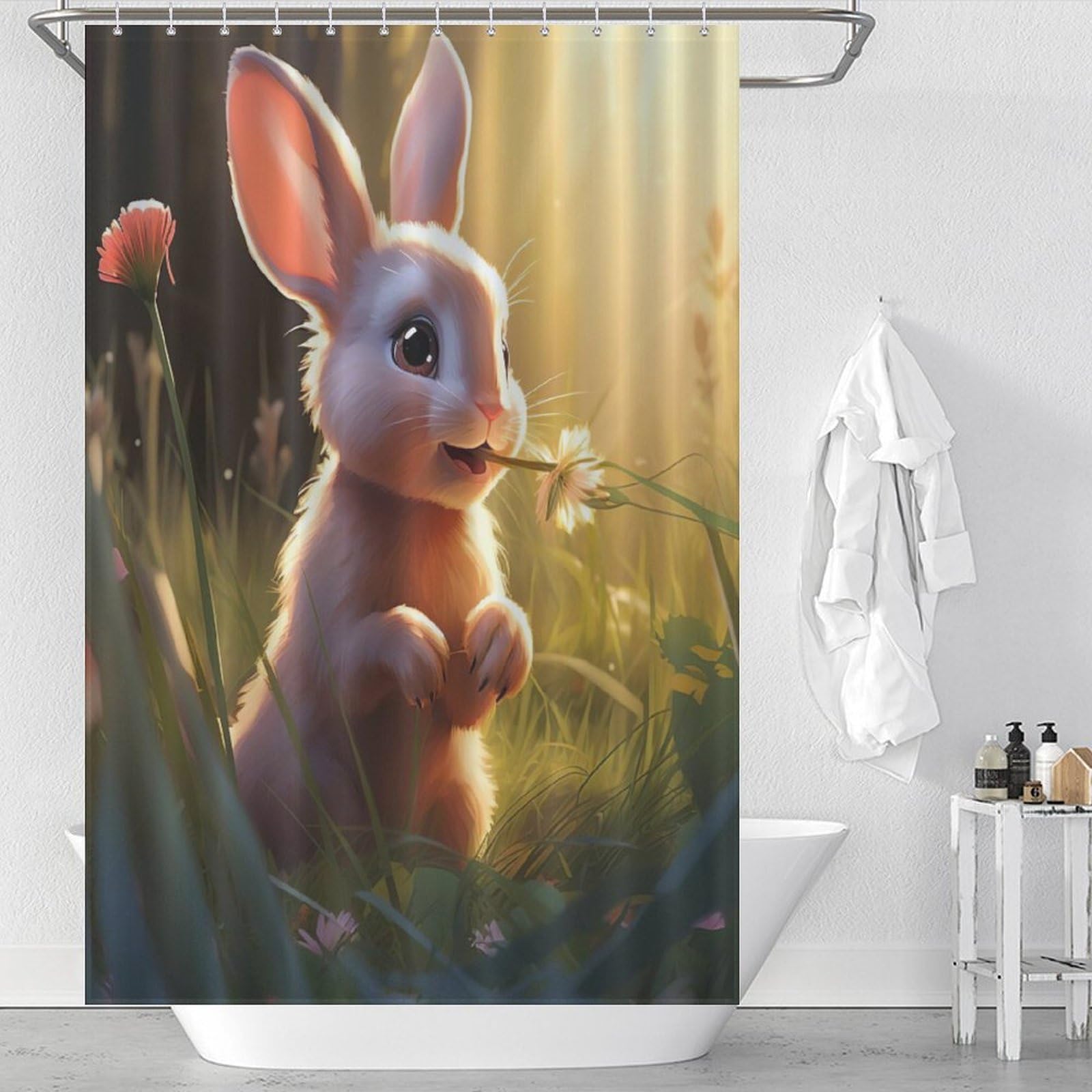 Rideau de douche lapin pour créer une ambiance naturelle et douce dans la salle de bain