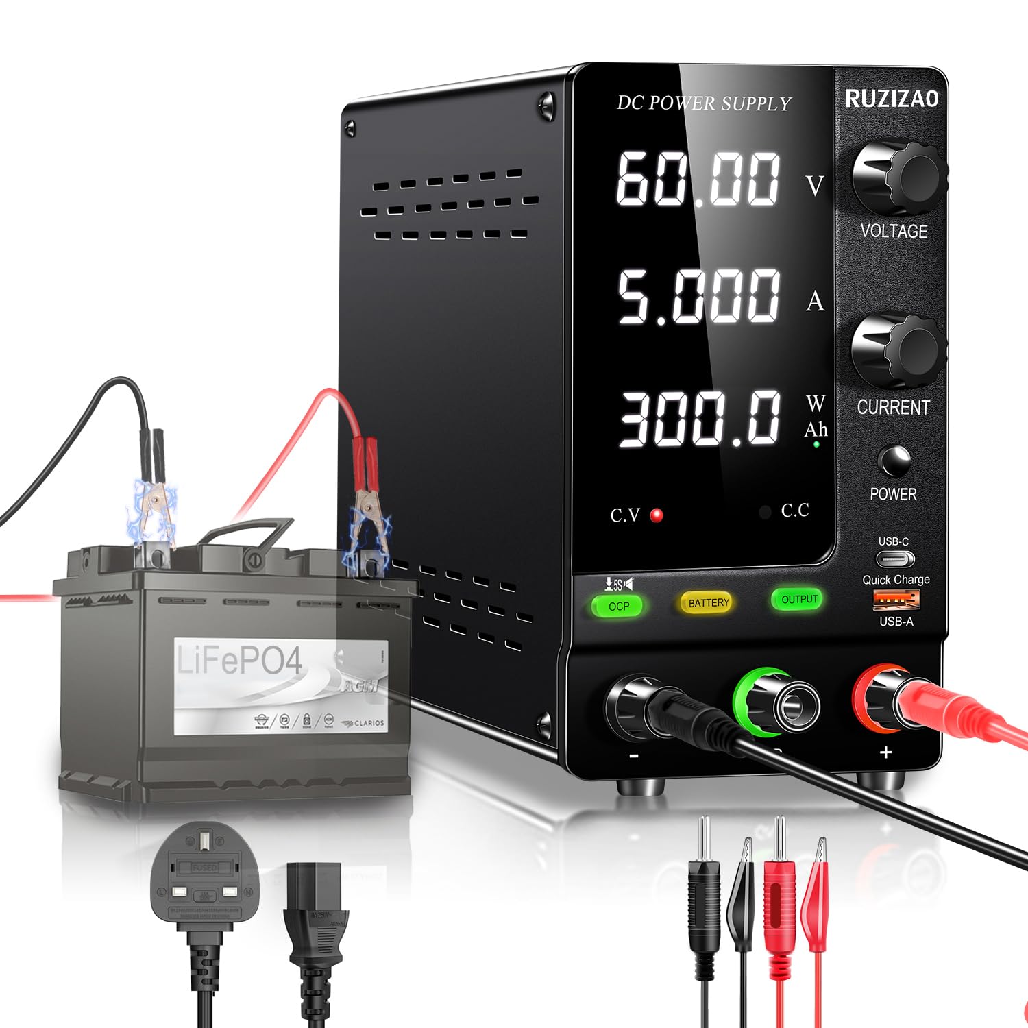 Fuente de alimentación de banco variable 60 V 5 A, codificador de 300 W ajustable 6 V 12 V 24 V 36 V 48 V LiFePO4 iones de litio, etc. Cargador de batería regulado de laboratorio DC fuente de