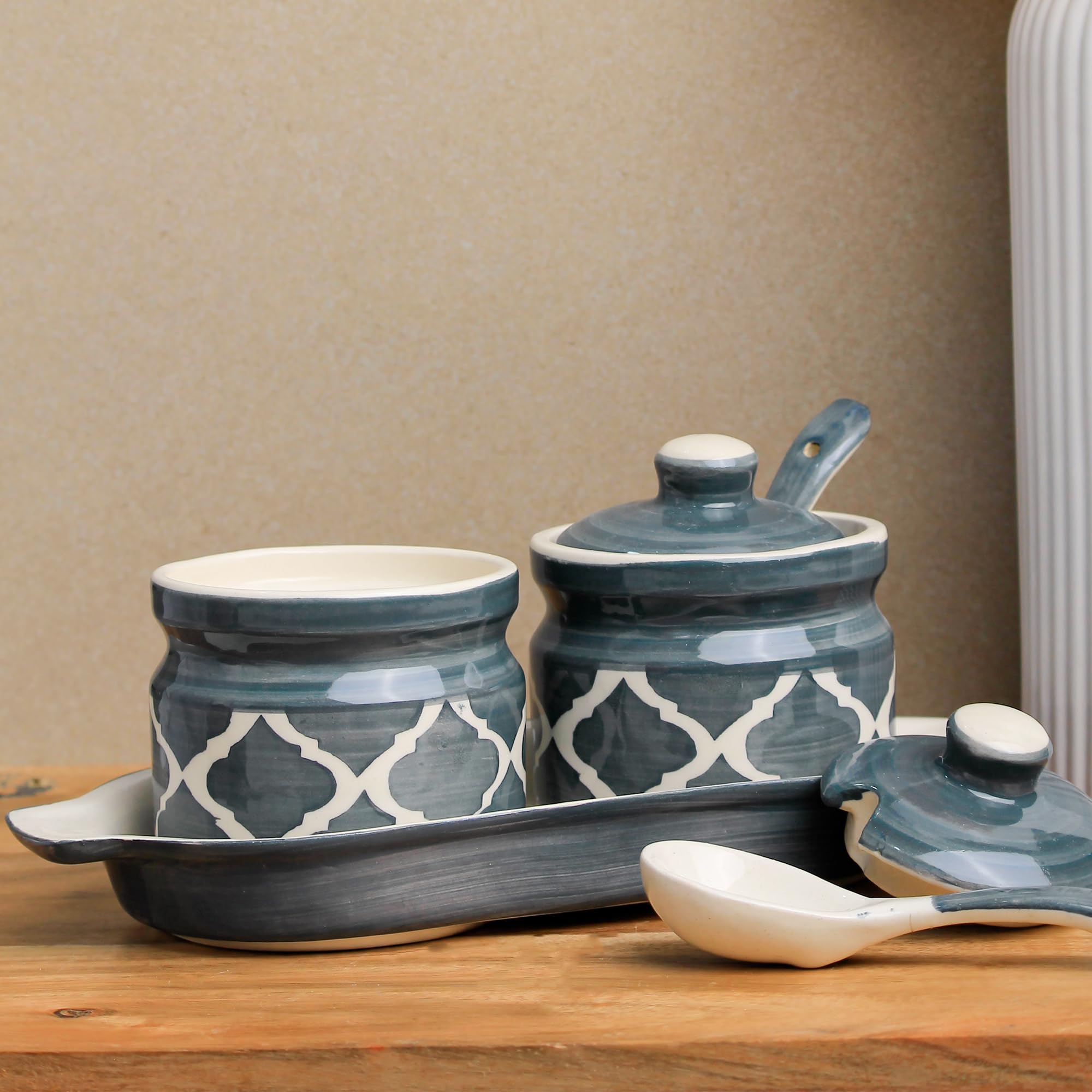 The Earth Store Grey Moroccan Ceramic Pickle Jar with Tray and Spoon | Jar with Lid | Ceramic Container for Pickle, Spices & Sauces | Barni with Lid, 250 ML Each
