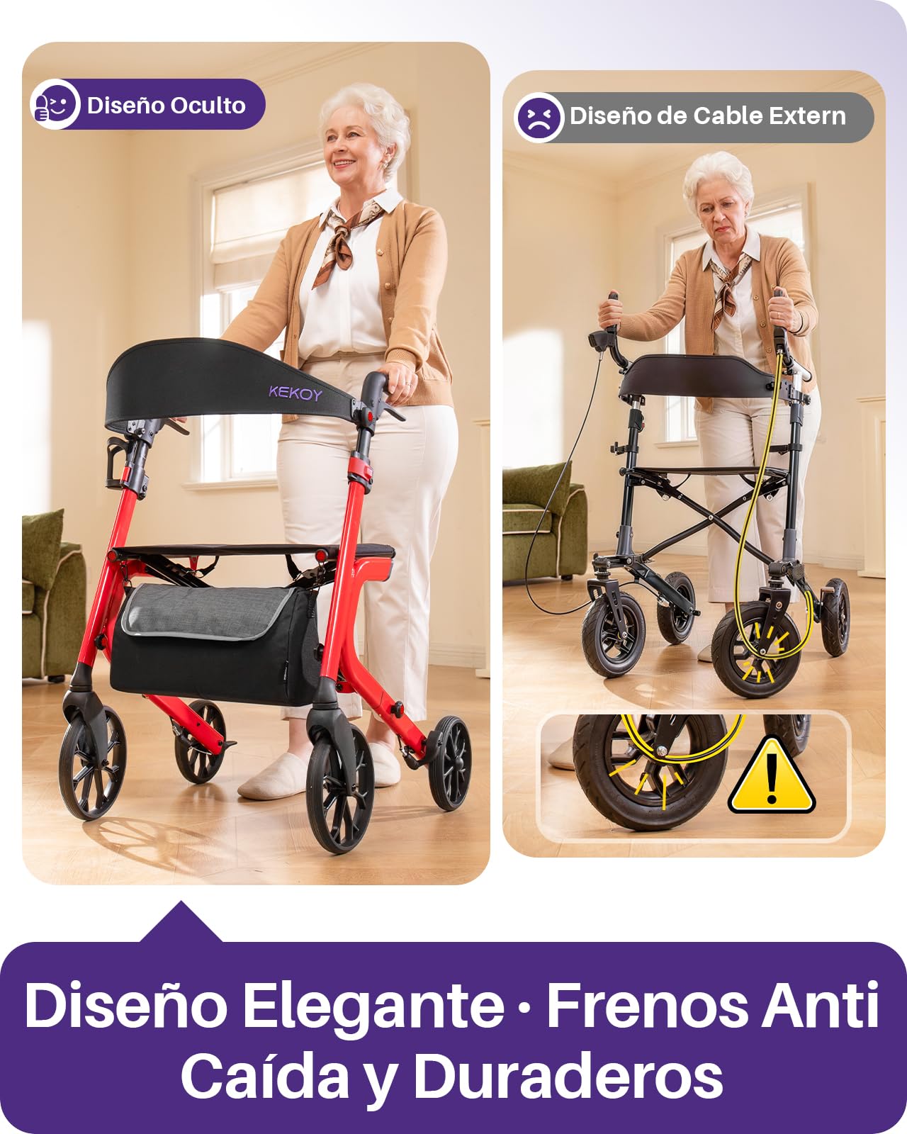Kekoy K2 Andador para ancianos con asiento plegable de aluminio, regulable en altura, 181 kg de carga, andadores adultos con cojín de asiento de 44 cm, respaldo y bolsa de almacenaje, rojo