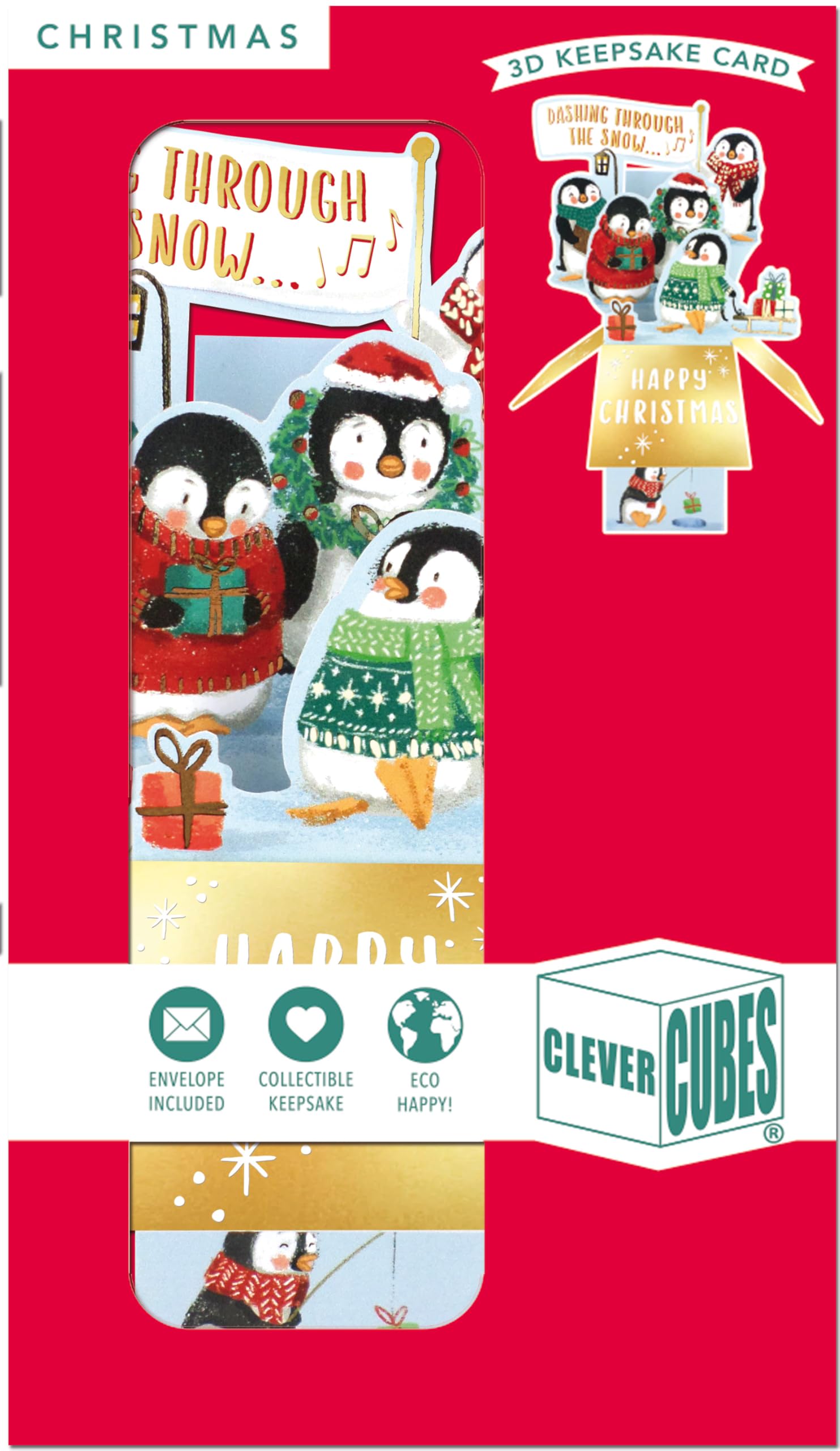 Clever Cubes Pop Up Happy Christmas Penguins Christmas Card 3D Xmas Card XCU006, Red and Green, 13cm x 23.5cm or 5.5" x 9" - Image 2