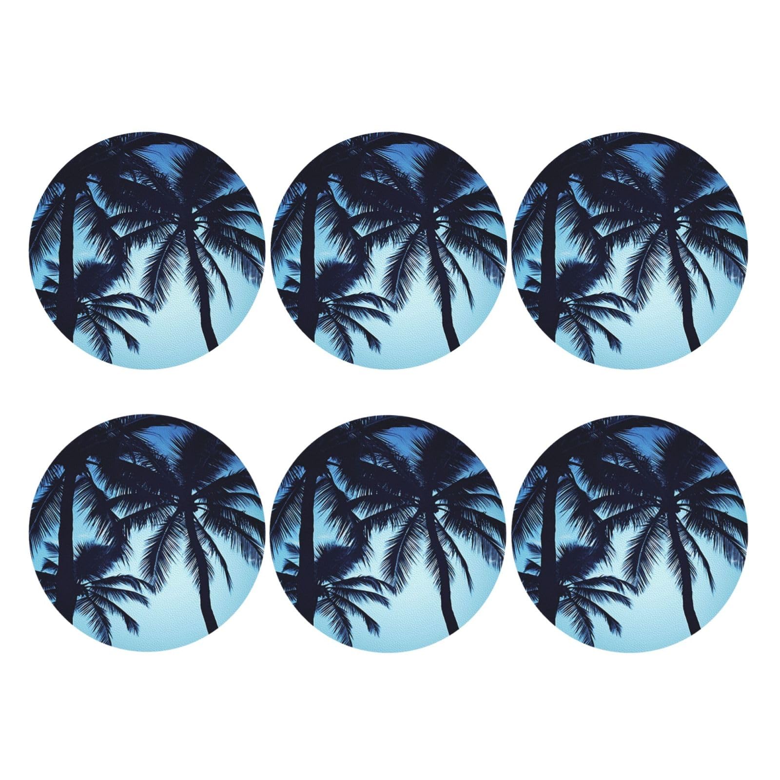 6pcs Leather Coasters for Drinks, Palm Tree Blue Drink Coasters for Tabletop Protection, 4" Cup Coasters for Coffee Table Decor, Non-Slip Drinking Cup Mat for Hot Or Cold Drink
