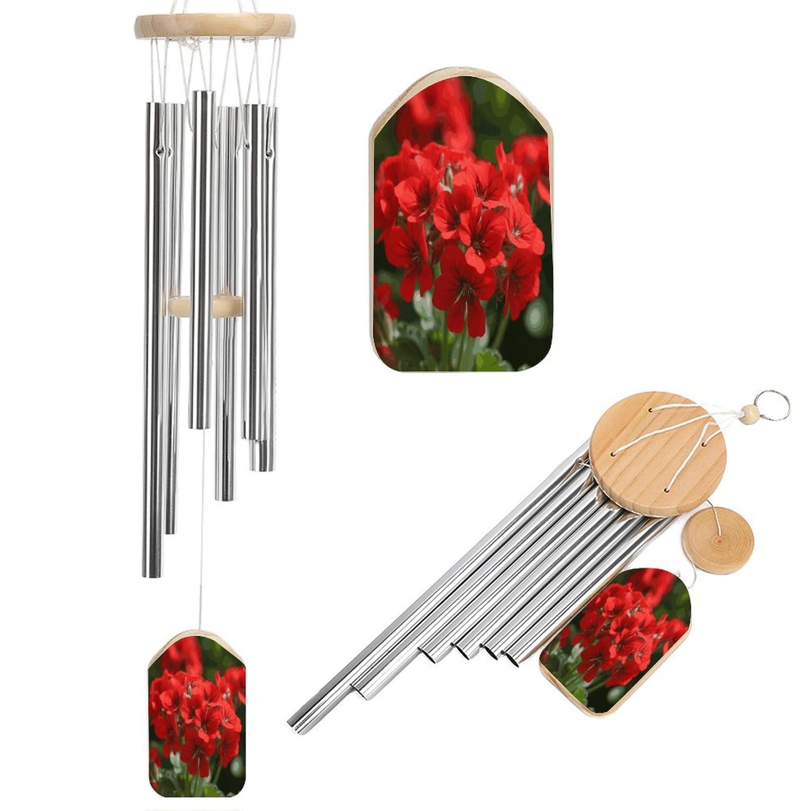 Red Geraniums Wind Chime-Outdoor-Garden Decors. Aluminium Wind Chimes to Melodic Tones .Memorial Wind Chime for Garden Yard Porch, Good Gifts for Women Mom Grandma Wife.