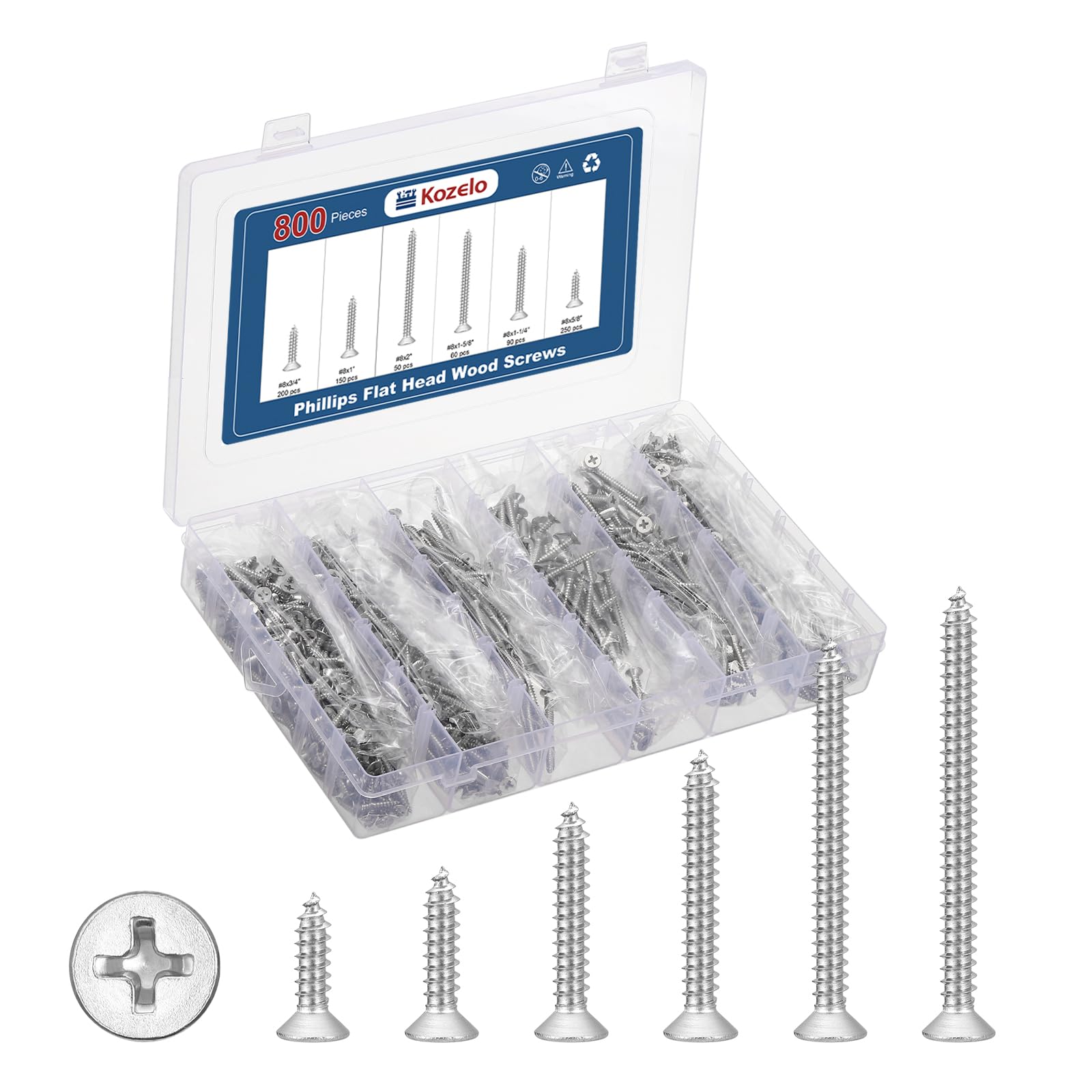 800pcs #8 Kreuzschlitzschrauben Flachkopf Holzschrauben Sortiment Kit - [5/8" bis 2 Zoll] 304 Edelstahl 304 Senkkopfschrauben selbstschneidend silber