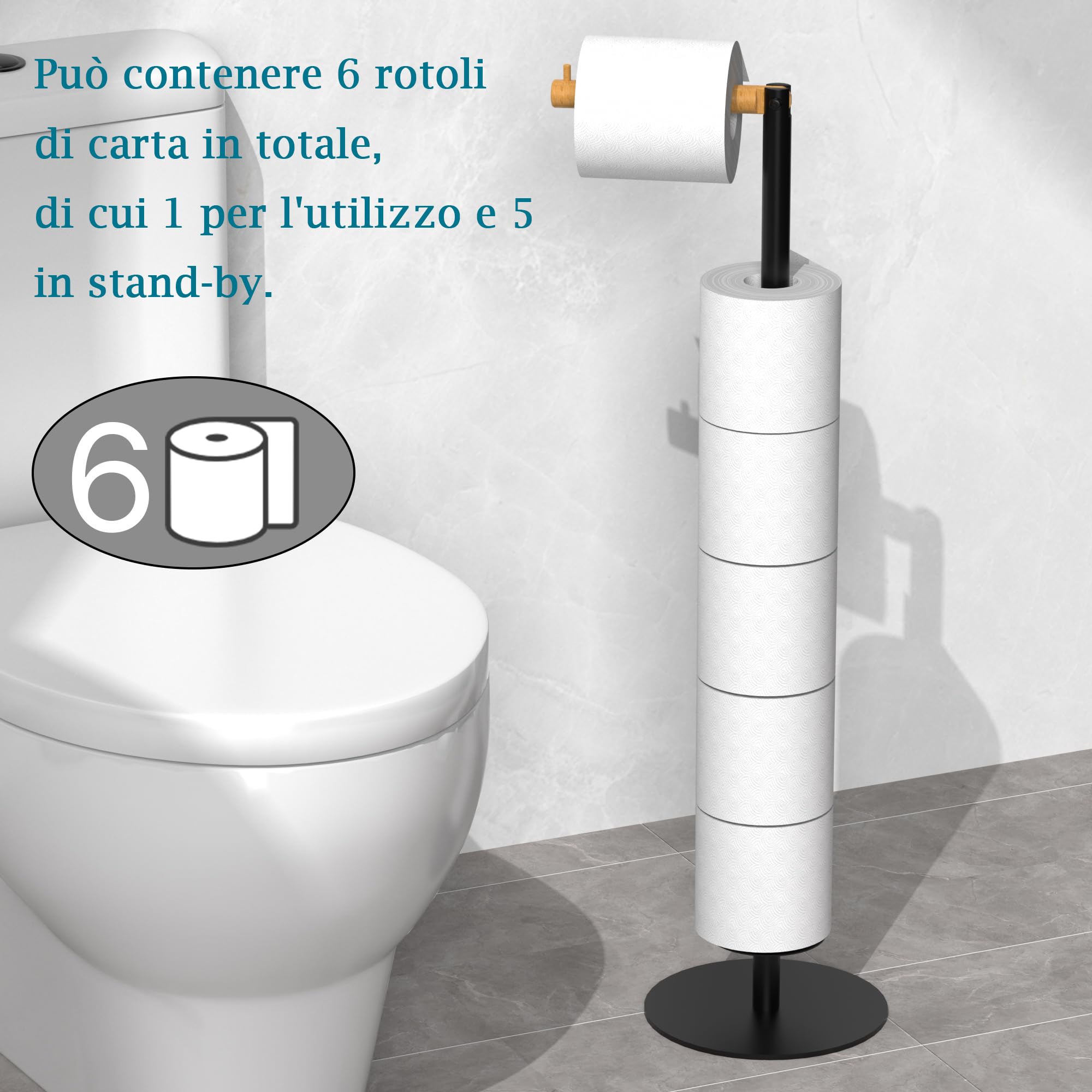 Portarotolo Carta Igienica Da Terra YUET - Acciaio Inox, Autoportante, Per 5 Rotoli, Senza Forare, Argento - Foto 2