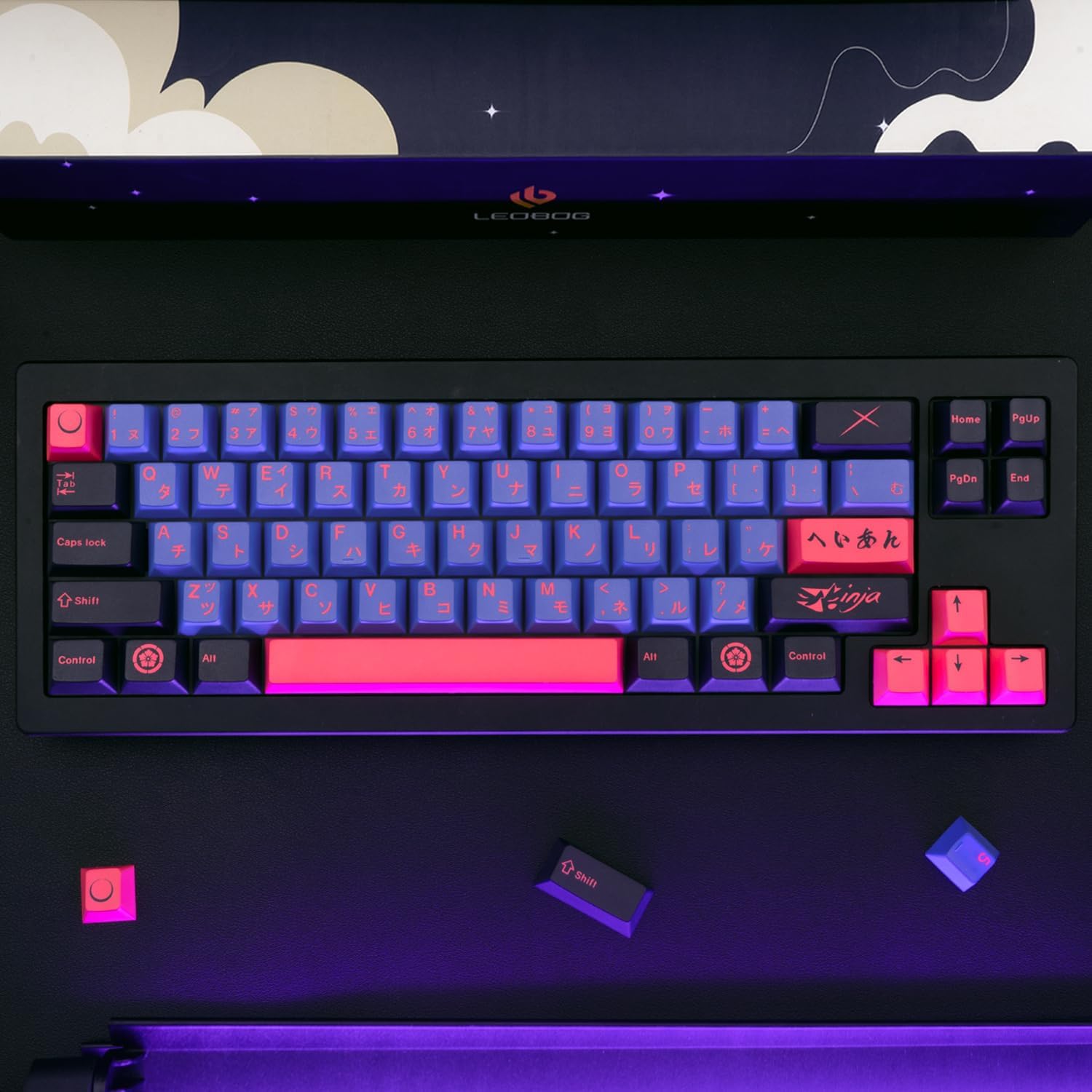 129 Keys Black Purple Keycaps, Ninja Japanese PBT Custom Keycaps, Cherry Profile Dye Sublimation Keycap Set for Cherry MX Gateron Kailh Switches Mechanical Keyboard