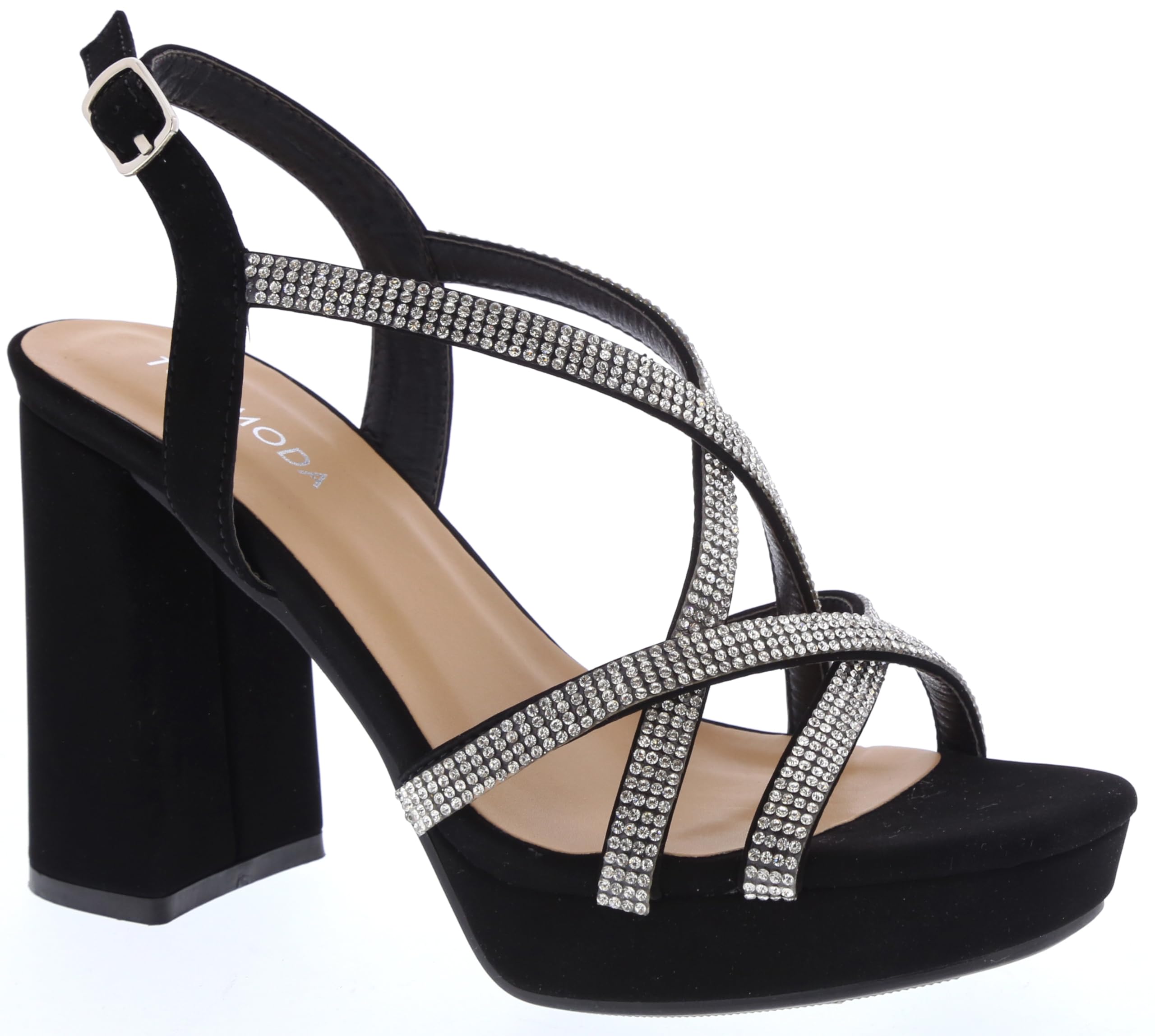 Women's Chunky Heel Ankle Strap Open Toe Platform Strappy Rhinestone Sandals
