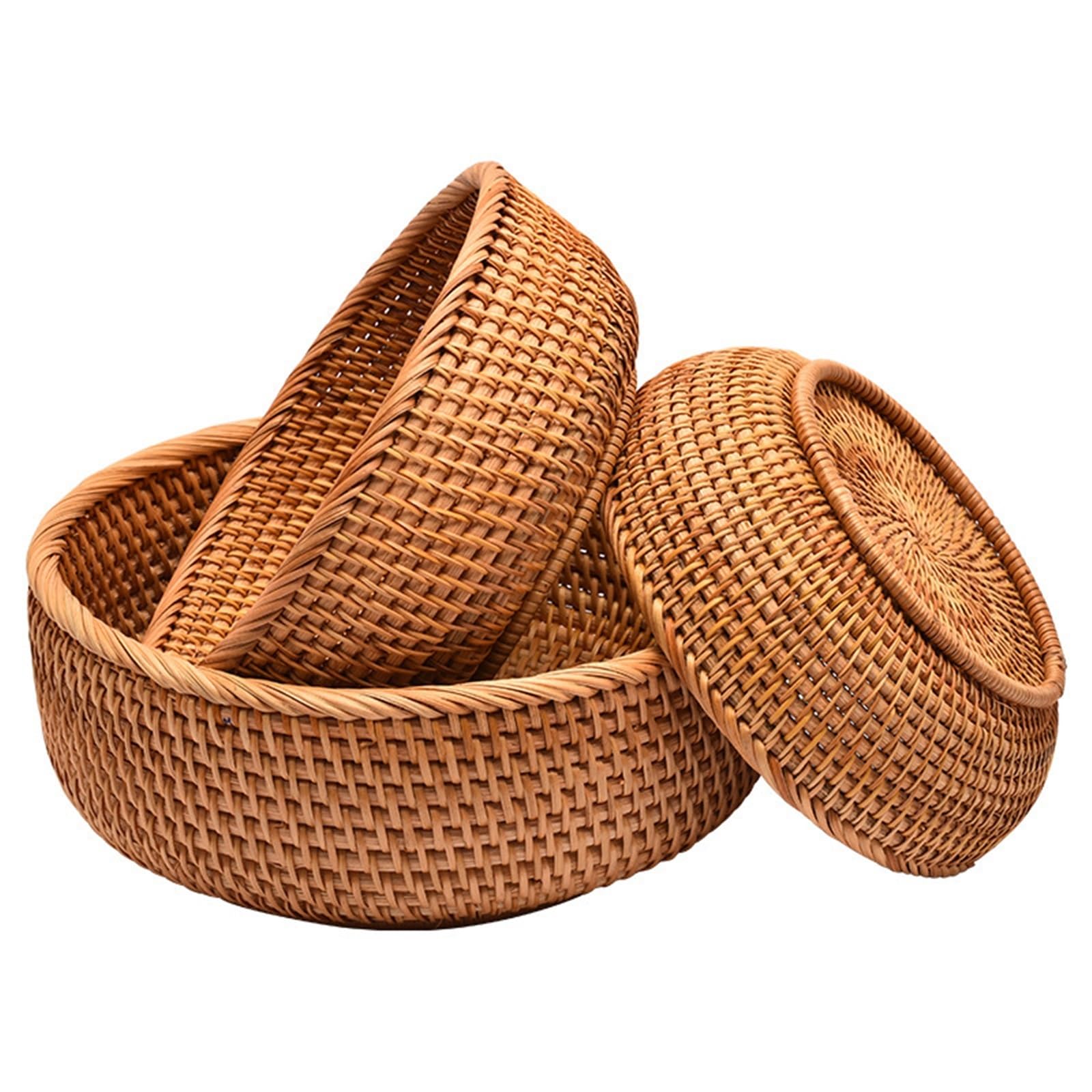Round Rattan Woven Basket, Wicker Fruit Basket, Bread Food, Kitchen Home Decor, Organizer Breadbasket for Kitchen pour l'organisation de la Maison(Size 3)