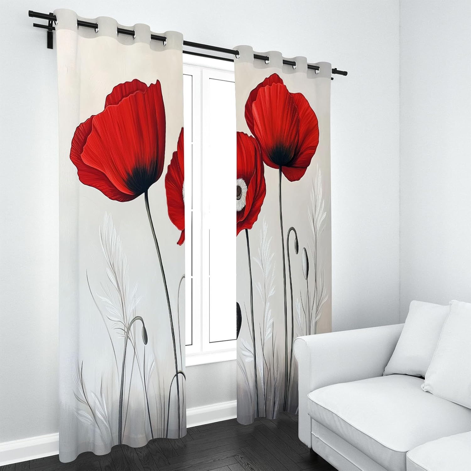 Red Poppy Blackout Curtains for Living Room, Retro Spring Garden Flower Curtains Soundproof Thermal Insulated 2 Panels Set, Nature Plant Theme Grommet Room Darkening Curtains, 42" W x 84" L