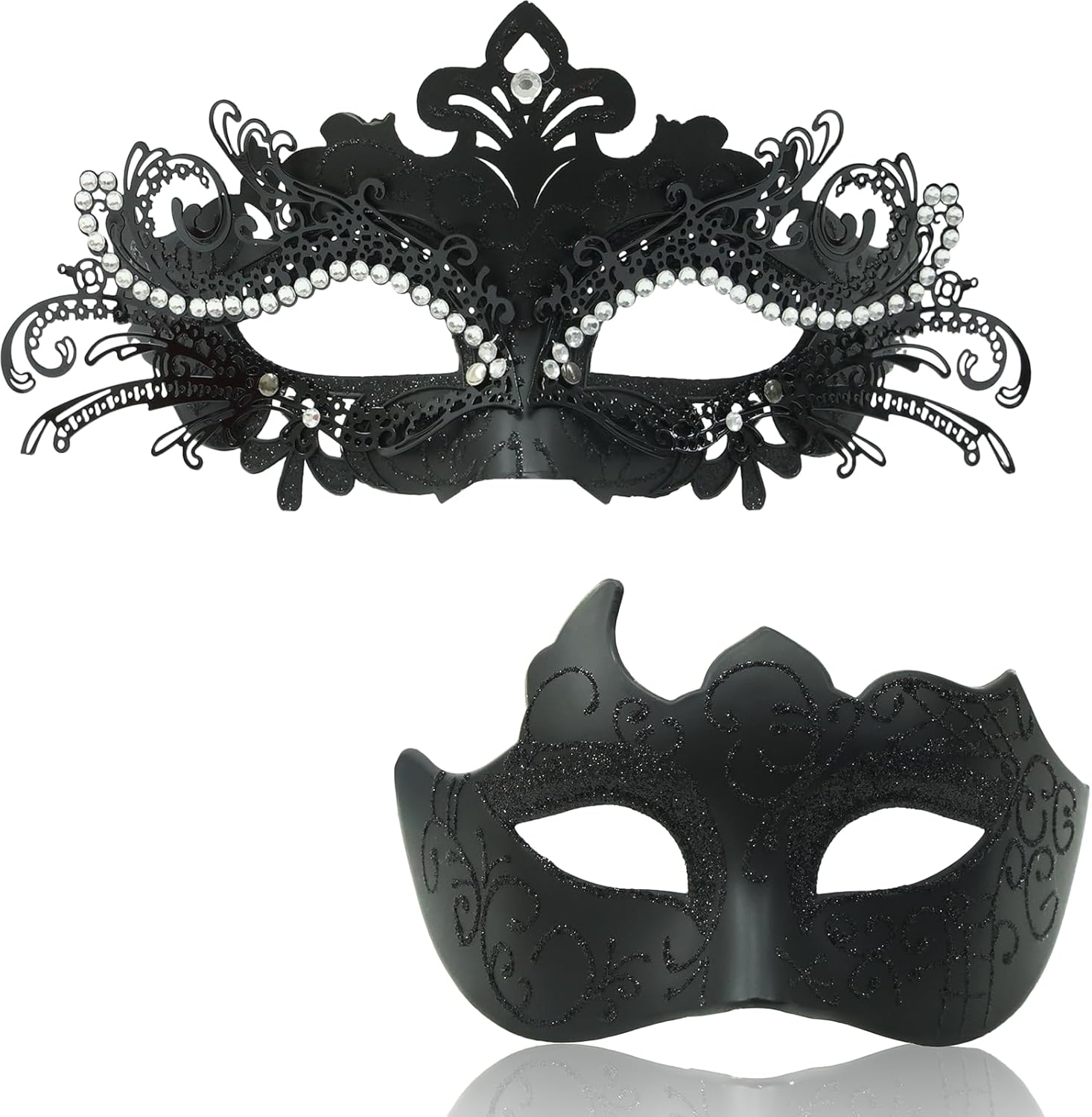 Masquerade Mask for Couples Set, Metal Filigree Shiny Rhinestone Mardi Gras Mask for Prom Ball Costume Party