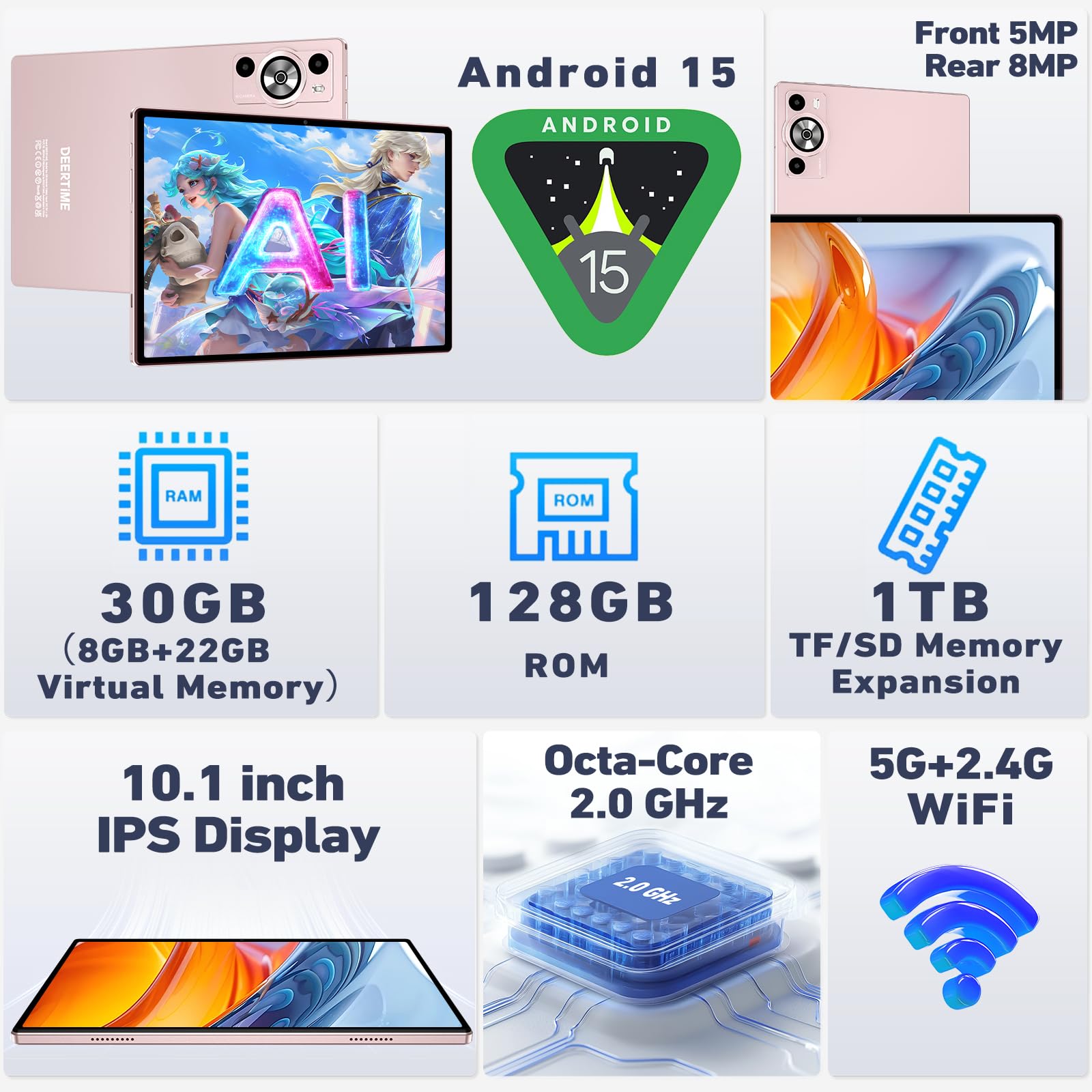 2026 Tablet Android 15 Gemini AI, 30GB RAM+128GB ROM/2TB Tablet 10 Pollici, 8000mAh, 5G WiFi, Corpo Metallico, Unisoc Octa Core/5+8MP/Widevine L1/Face ID/BT5.0/GPS Tablets con Tastiera e Mouse - Oro