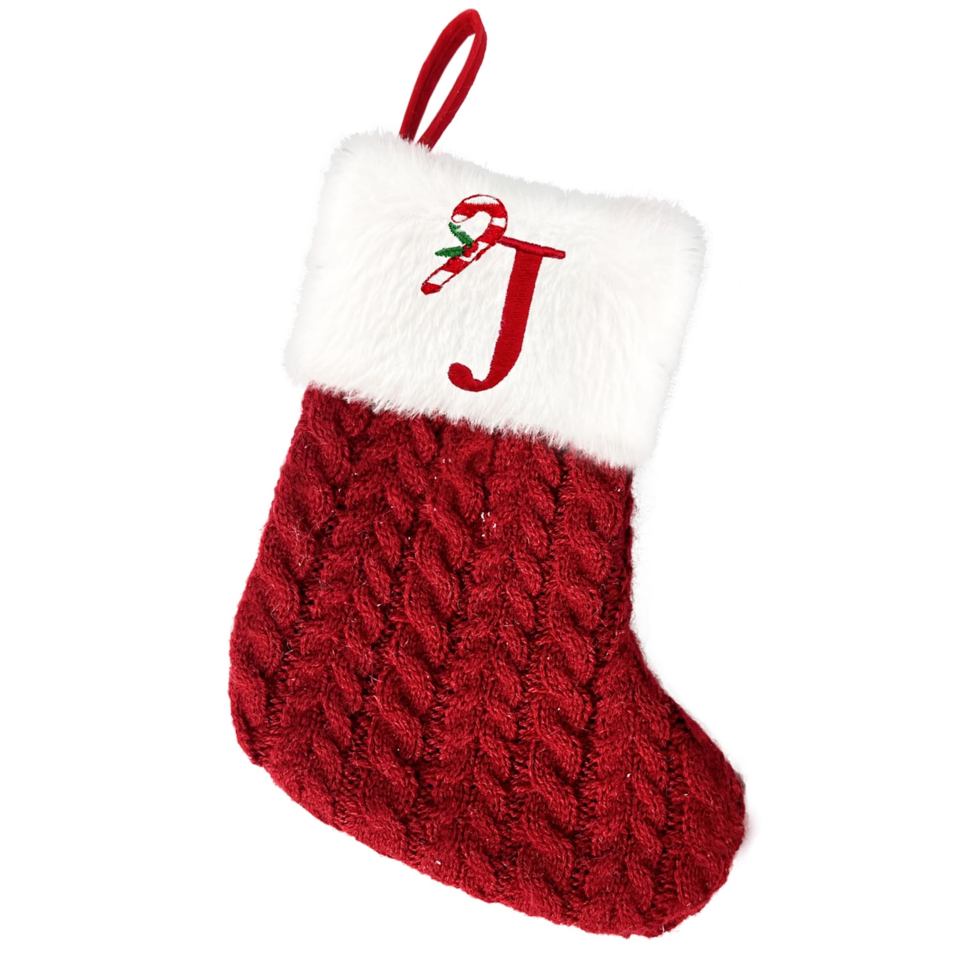 MOJDIOSM Red Christmas Stockings with Initial, 8 Inches Embroidered Monogram Plush Knitted Stockings, Small Personalized red and White Christmas Stocking for Christmas Decoration Ornaments
