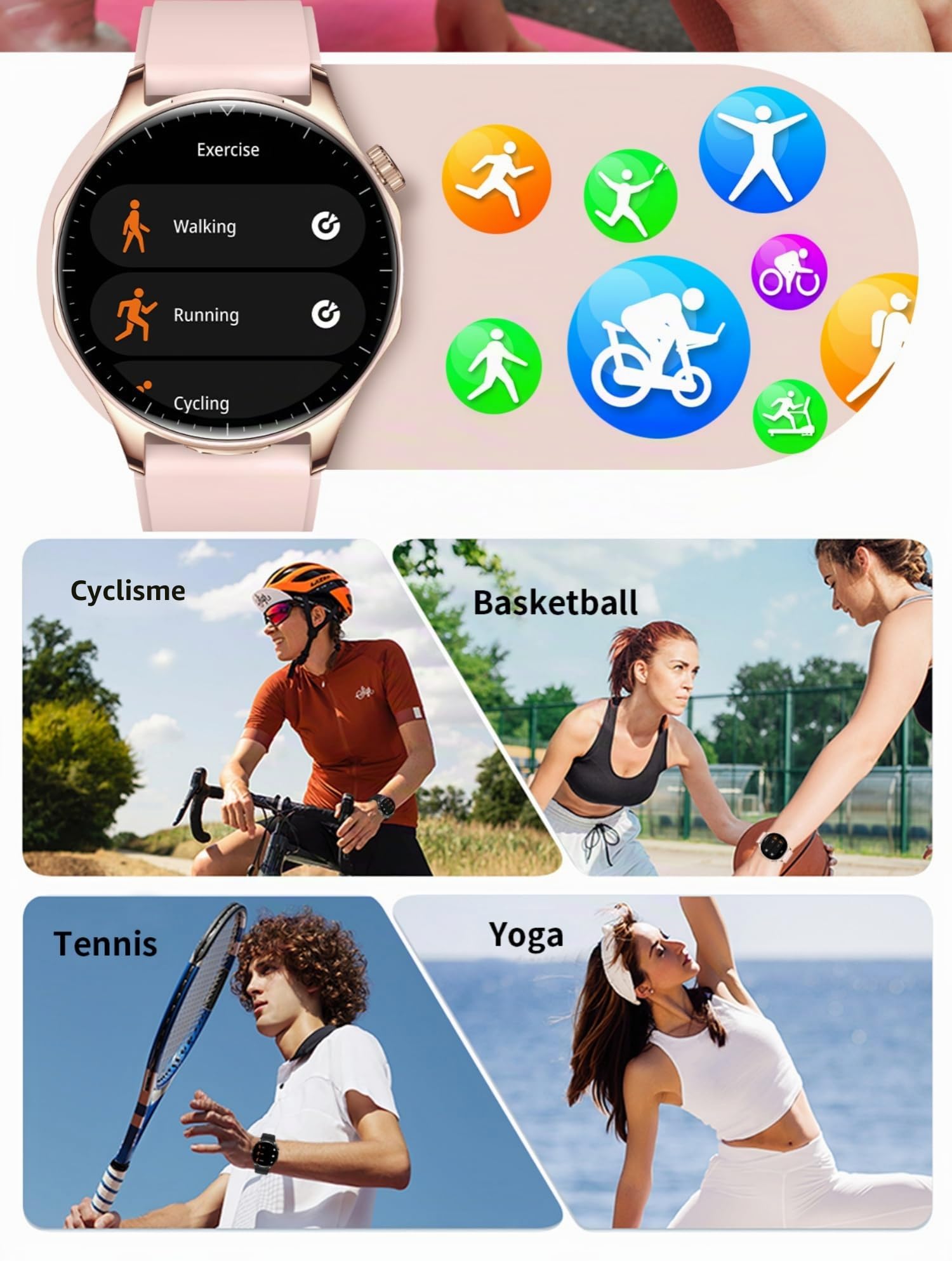 Montre Connectée Homme Femme avec écouteurs, Montre Sport Smartwatch pour Android iOS, Écran AMOLED de 1,43'' Montre Intelligente, Podometre Oxymetre Cycle Menstruel Calories Notification, Noir