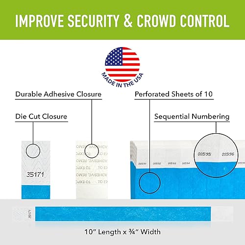 Vista 27 de 600 pulseras Tyvek Wristco para eventos, paquete variado de 6 colores, diseño a prueba de manipulaciones que evita la reutilización, pulseras